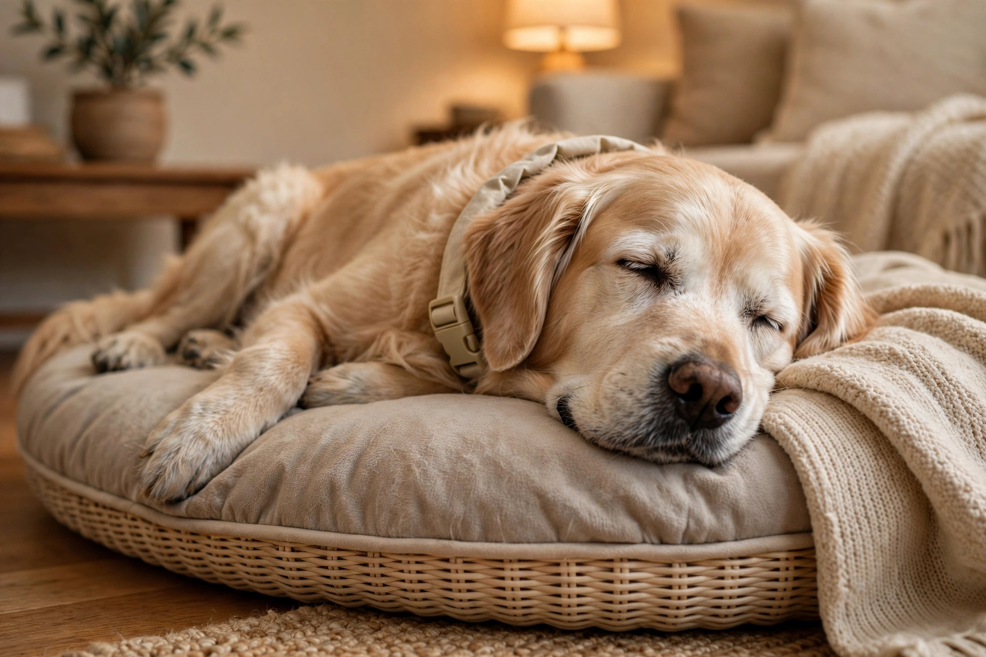Senior dog resting comfortably on a dog bed wearing a soft lightweight collar