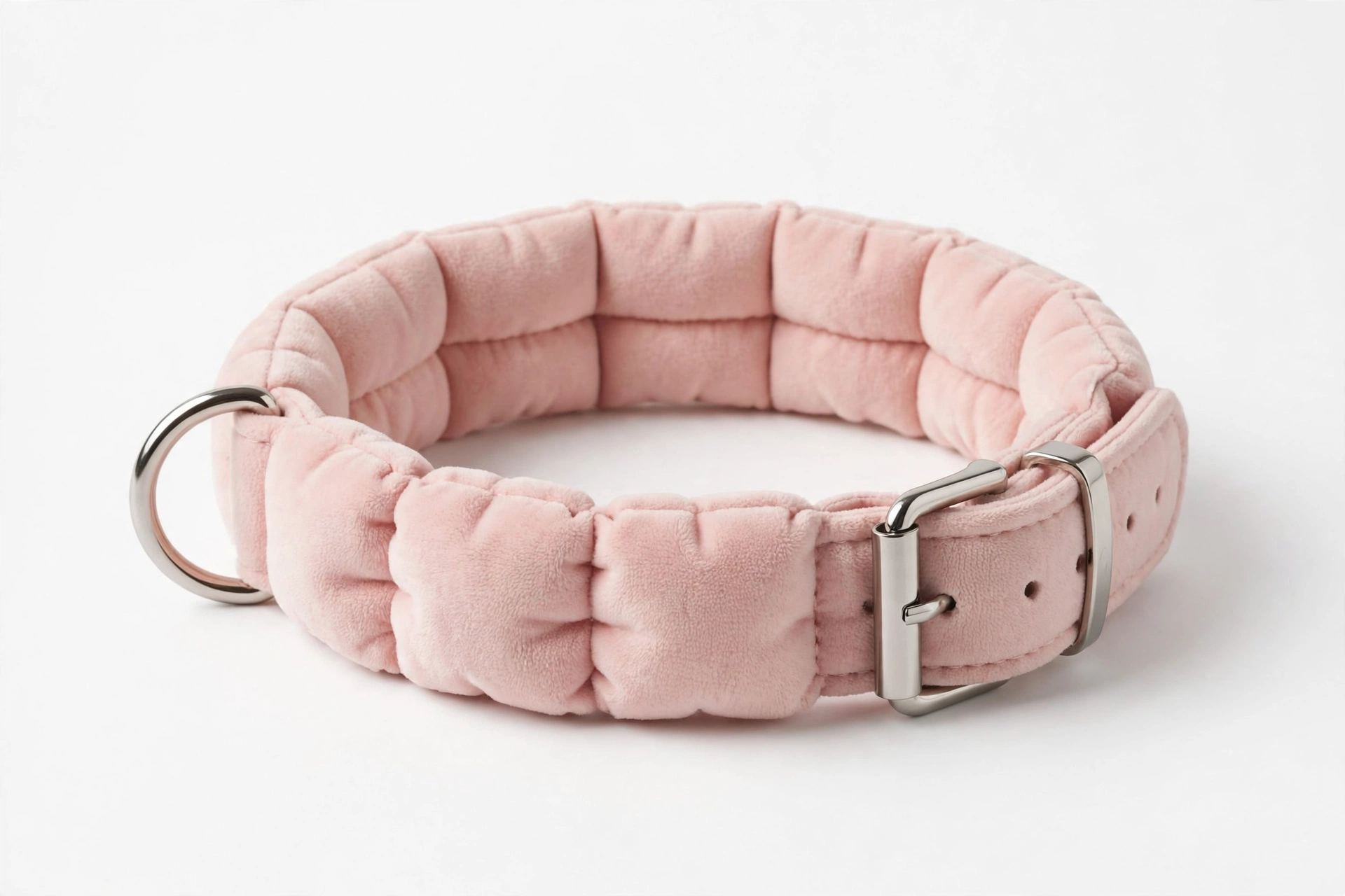 Comfort Fit soft padded dog collar with pillow-like padding in pink, editorial product photo