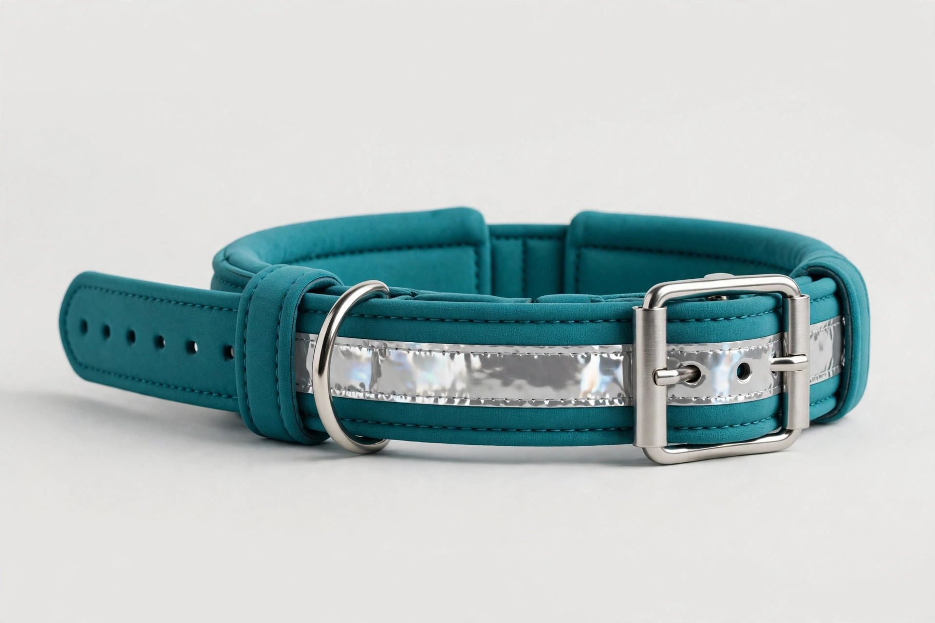 Joytale teal neoprene padded reflective dog collar with metal belt buckle, editorial product photo