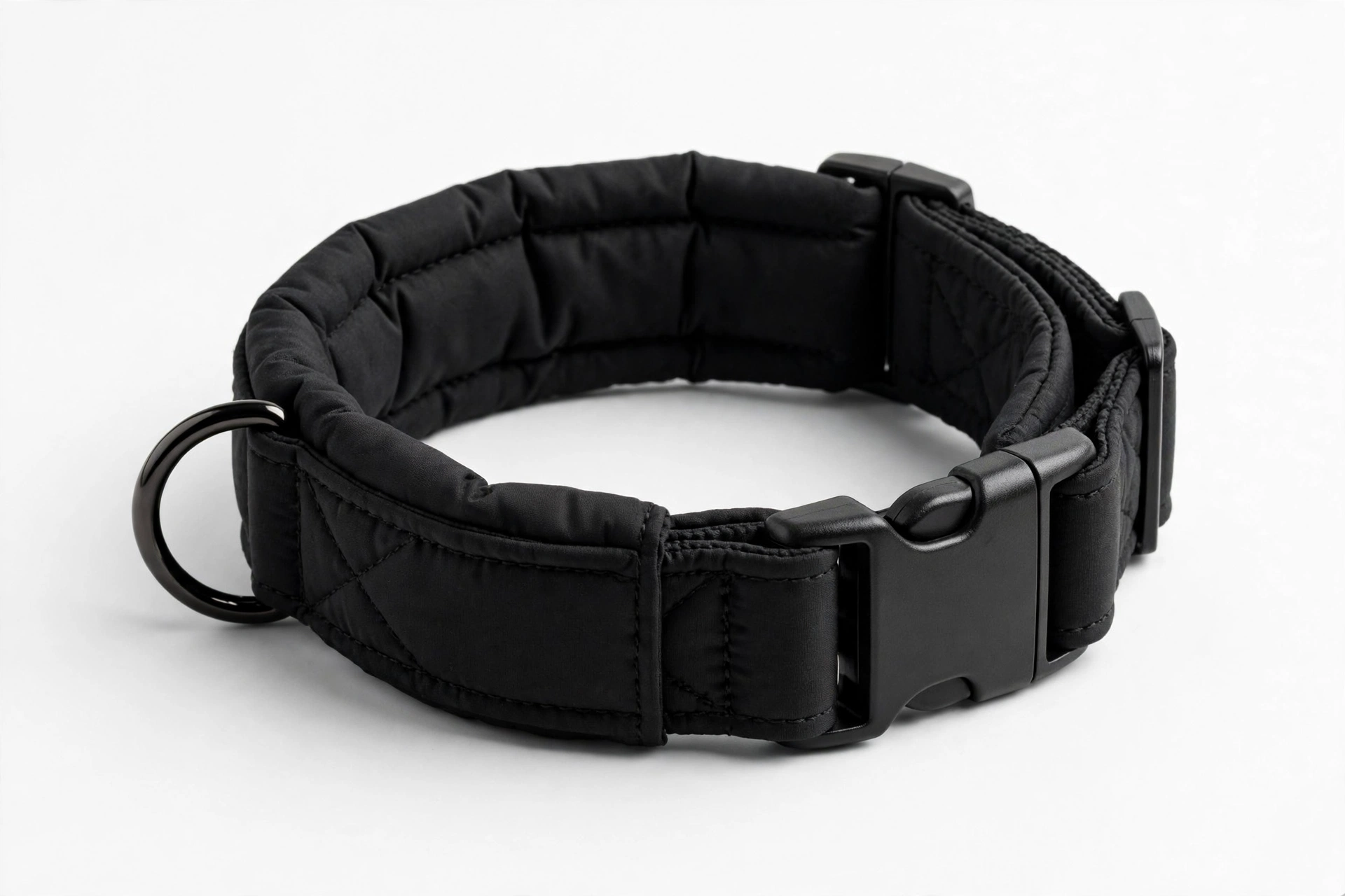 Colenumone black soft padded dog collar with quick release buckle, editorial product photo
