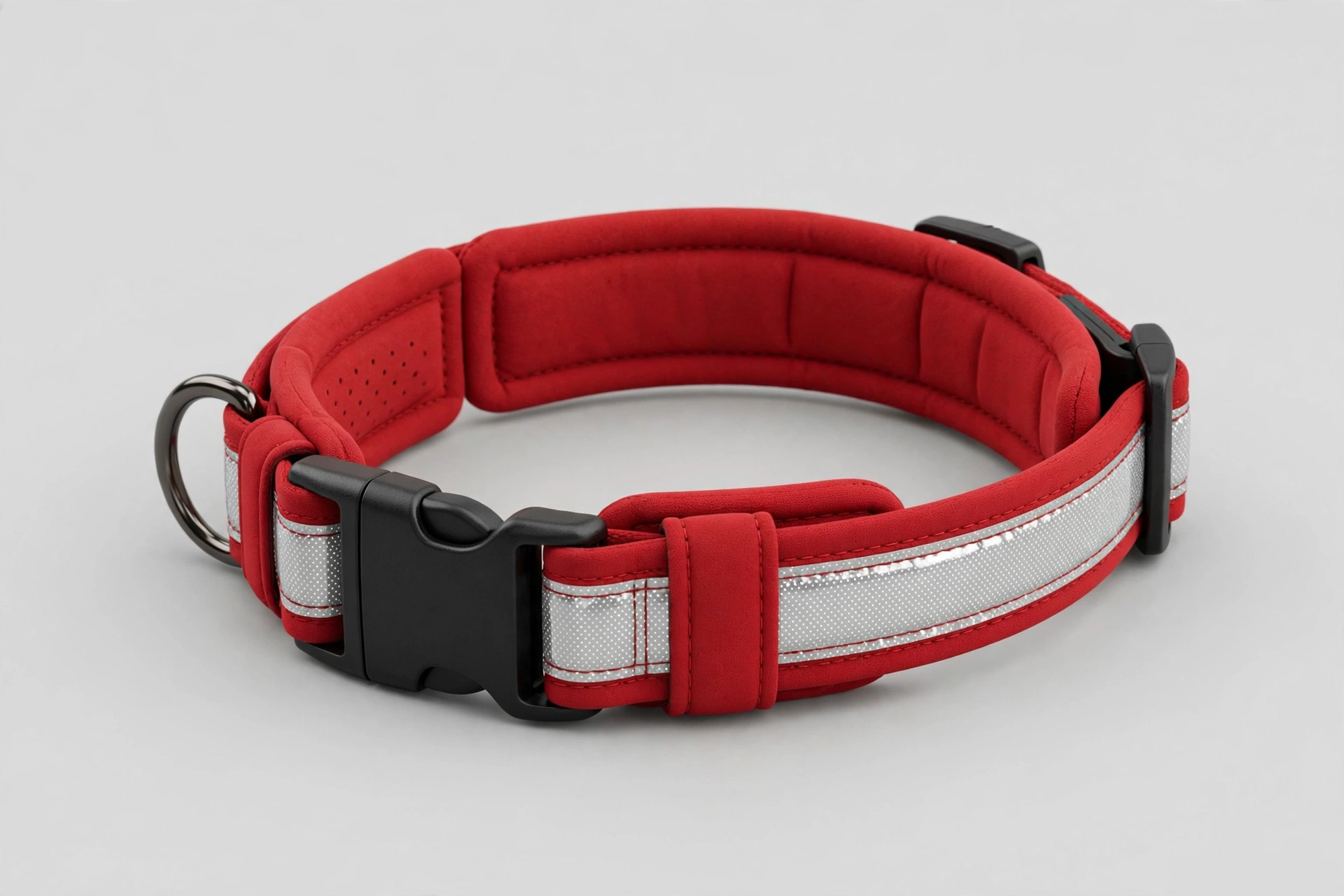 PWOD red reflective neoprene padded dog collar with buckle, editorial product photo