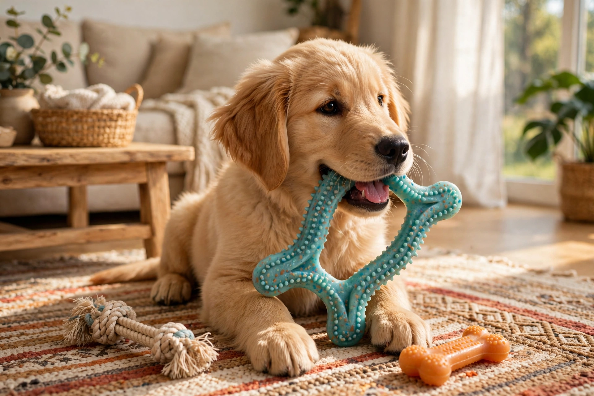 golden retriever puppy chewing a wishbone-shaped nylon toy