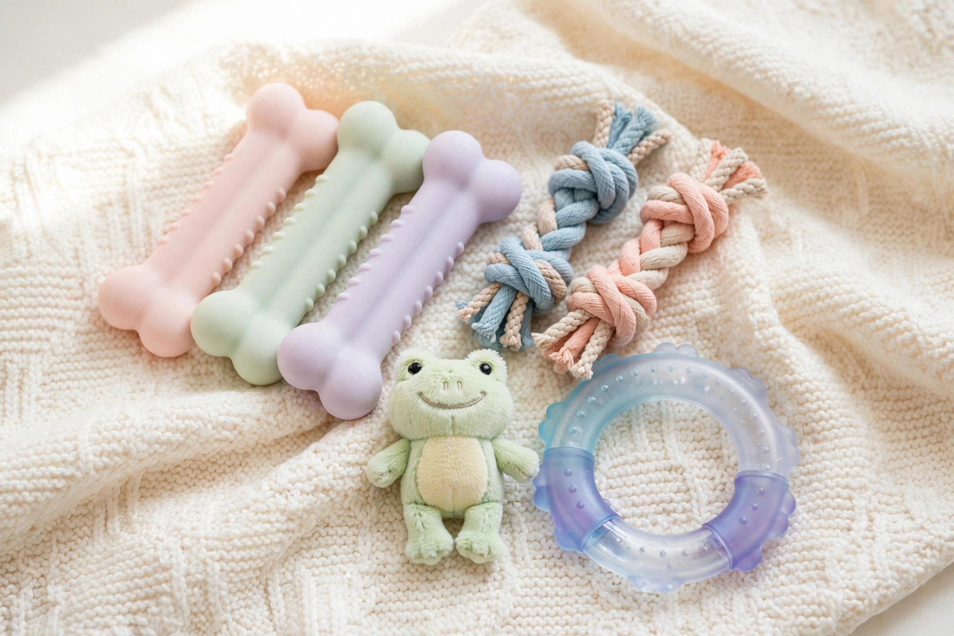 puppy teething toy bundle with rubber bones, rope toys, and squeaky plush