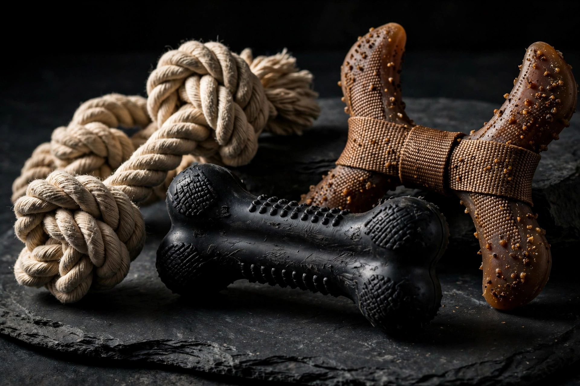 heavy-duty chew toys for aggressive chewers on a dark surface
