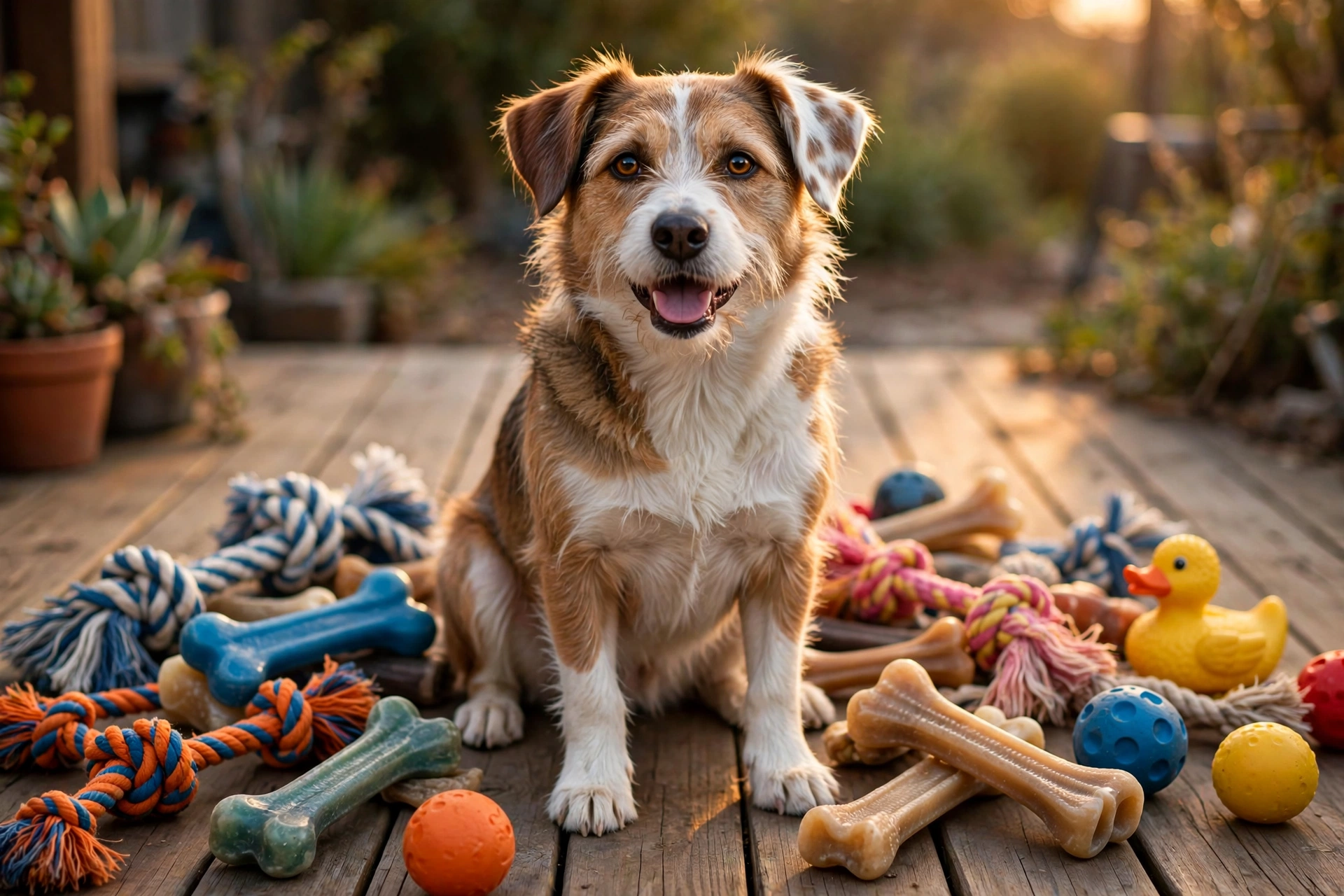 happy dog surrounded by a large assortment of chew toys from a multipack