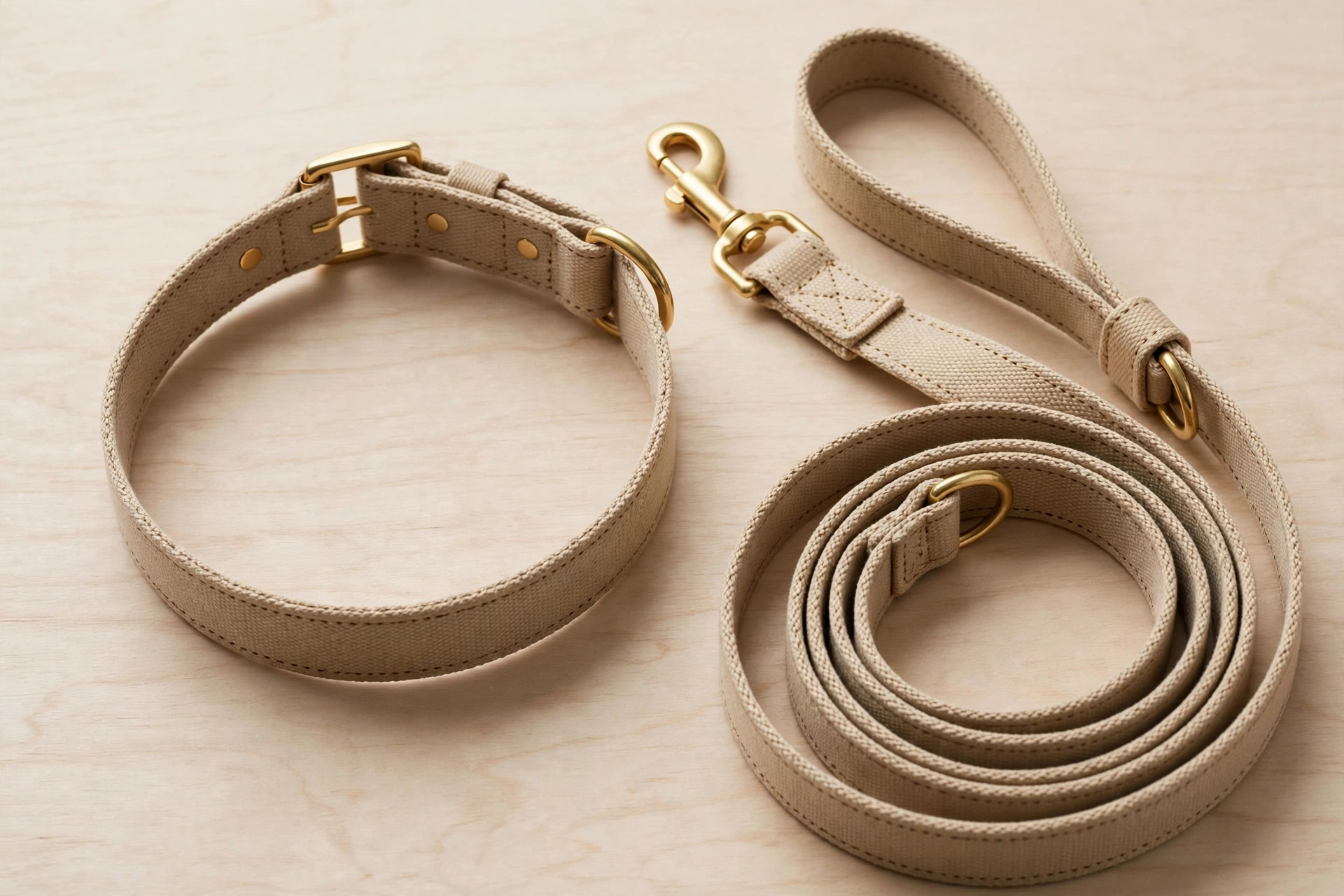 Flat lay of a matching collar and leash set with coordinated buckle and leash clip hardware