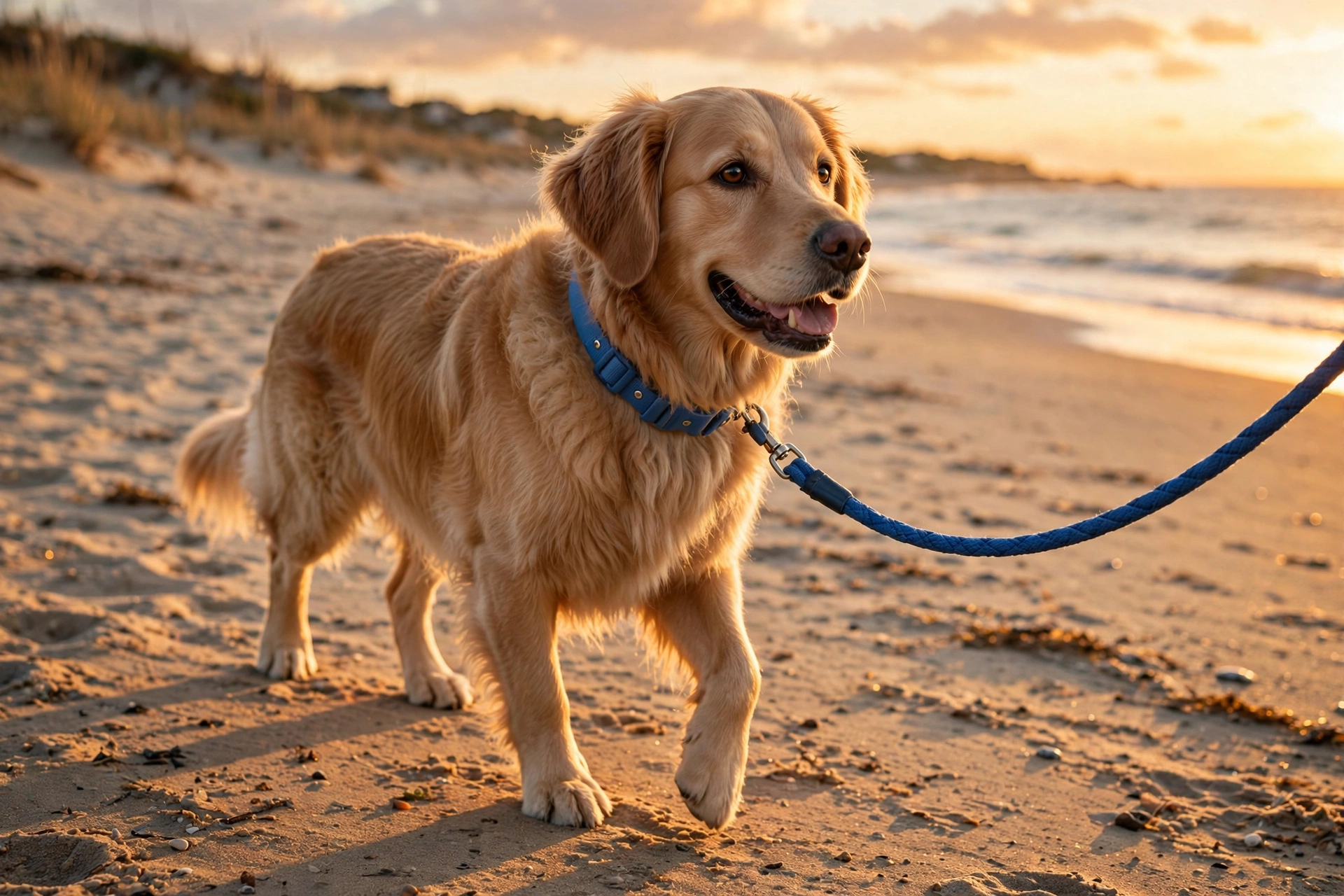 Dog wearing a matching collar and leash set walking on a beach at golden hour