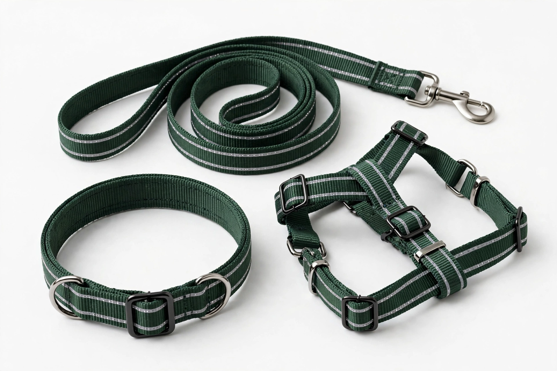 Blueberry Pet dark green reflective collar leash and harness matching set, editorial product photo