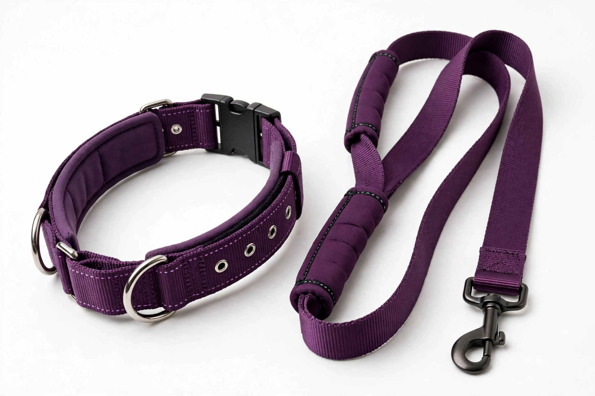 Blueberry Pet dark orchid collar with double-handle leash set for large dogs, editorial product photo