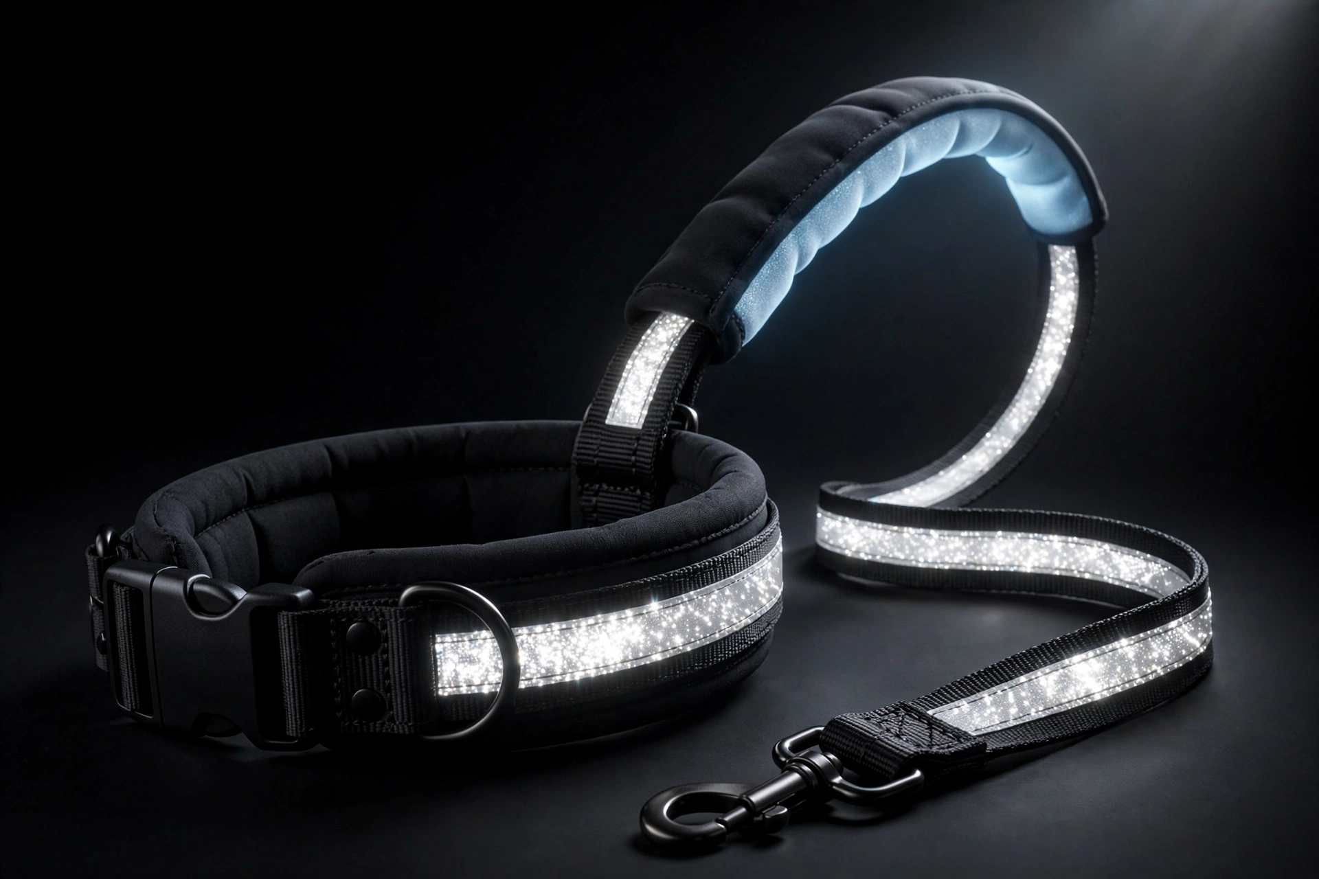azuza reflective padded collar and leash set with clip-handle leash, editorial product photo