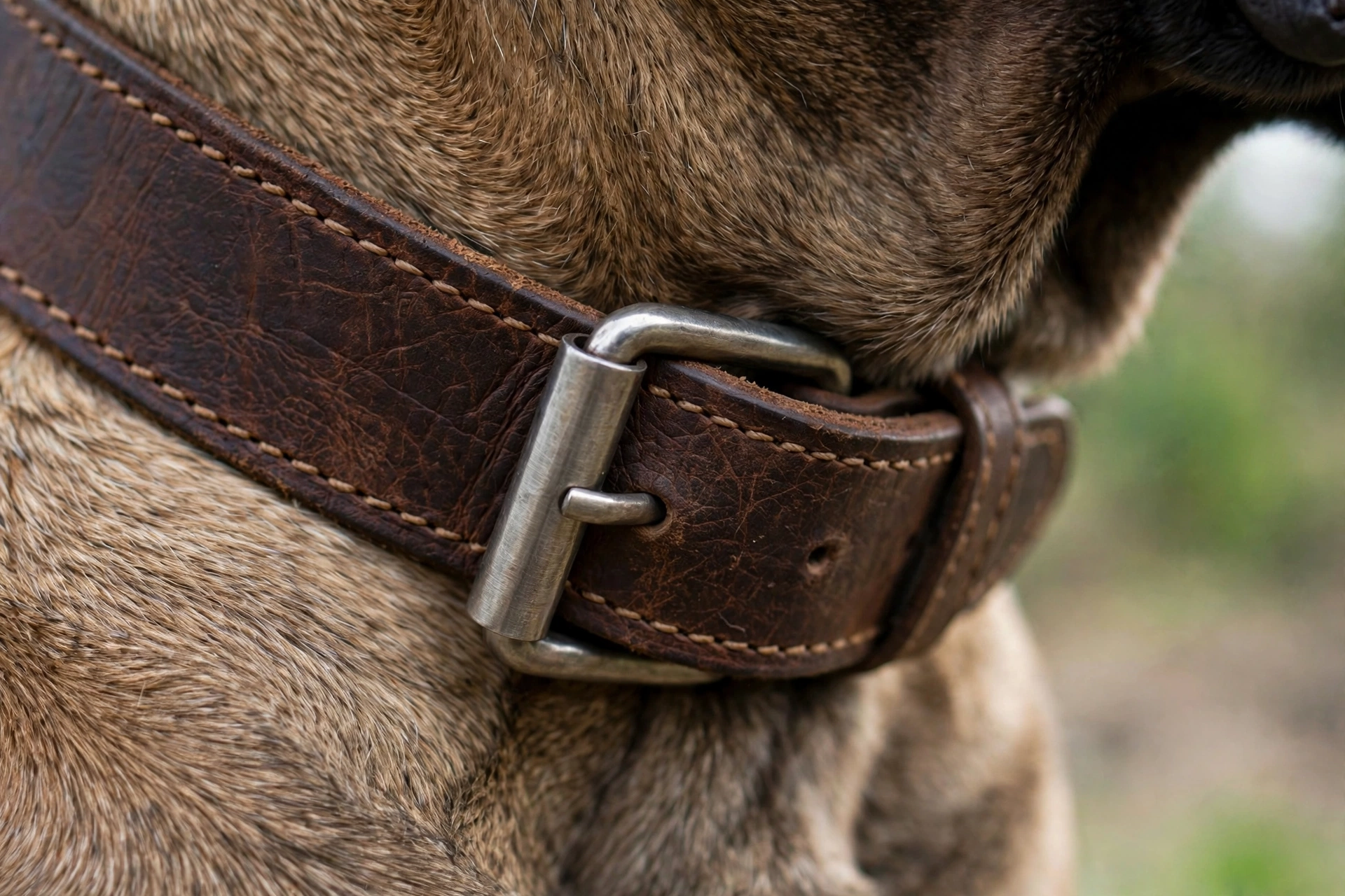 Close-up of a wide 2-inch collar with heavy metal buckle on a Mastiff's thick neck