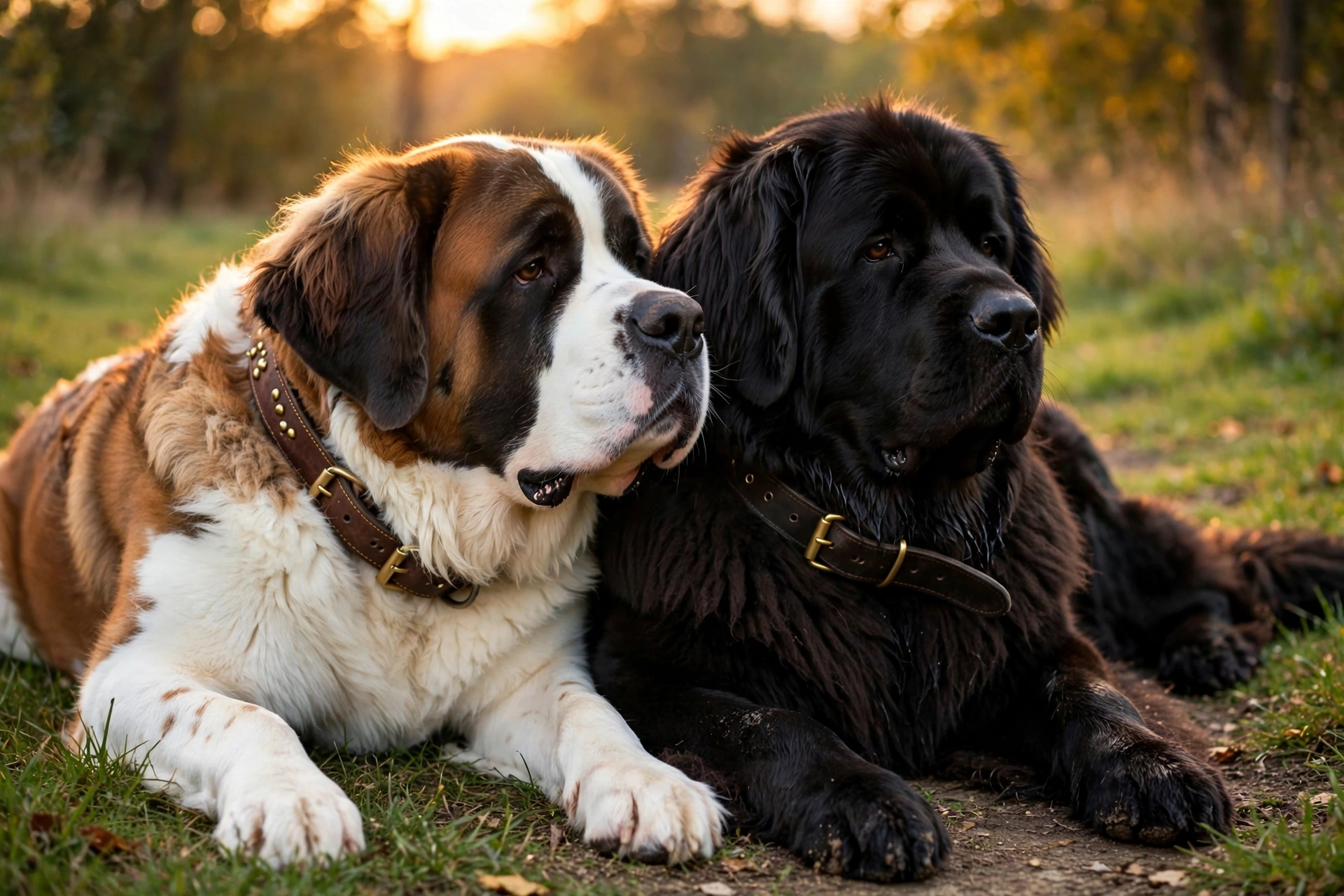 Saint Bernard and Newfoundland wearing wide collars, resting together after a walk