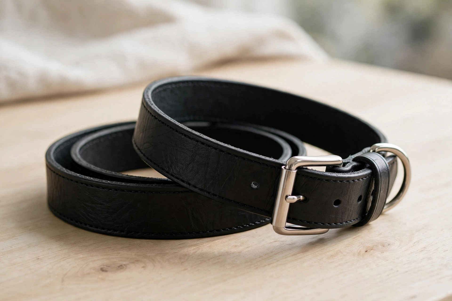 LOIIHEII 2-inch wide premium leather dog collar with metal buckle, editorial product photo