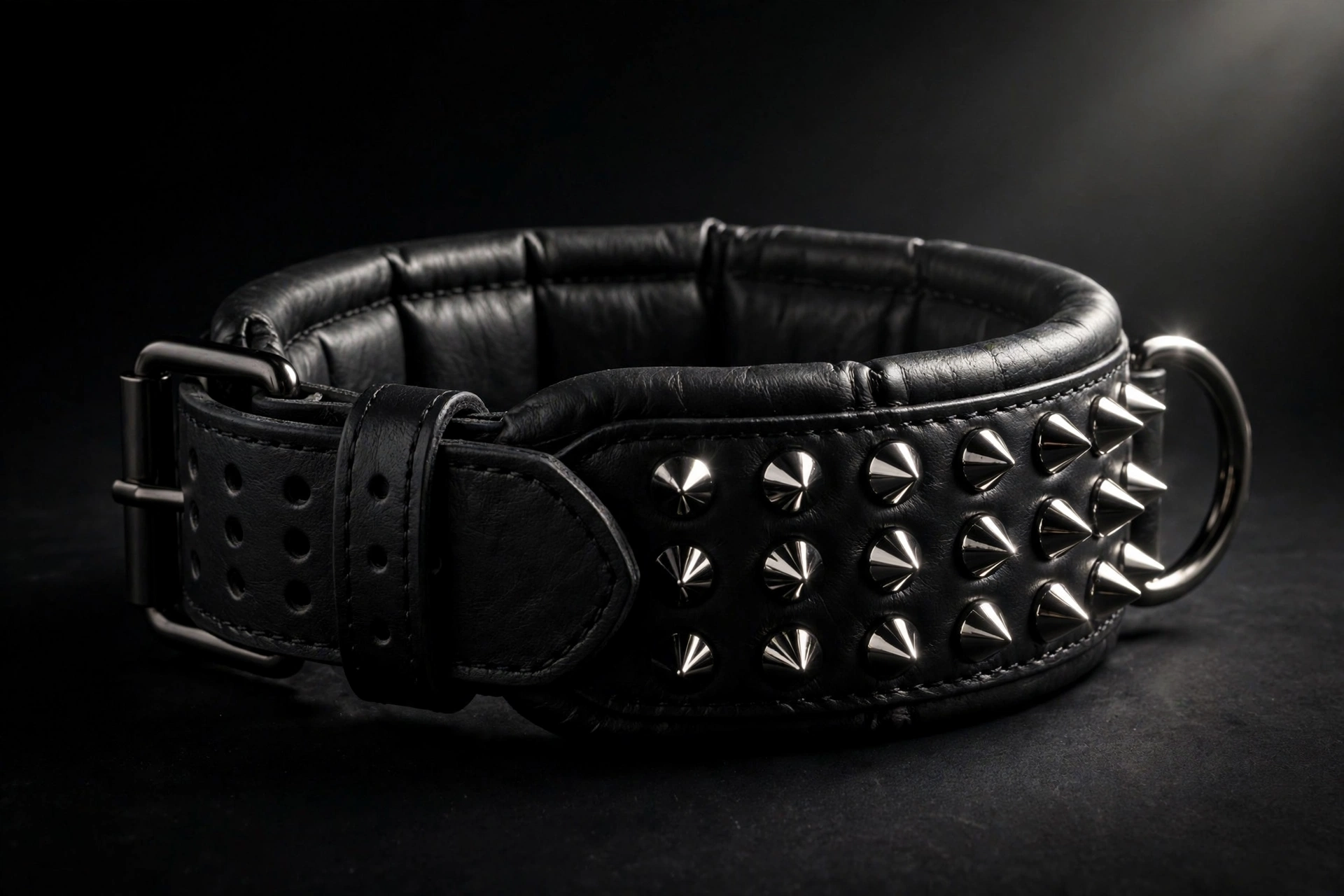 Guiding Star black studded 2-inch wide leather dog collar, editorial product photo