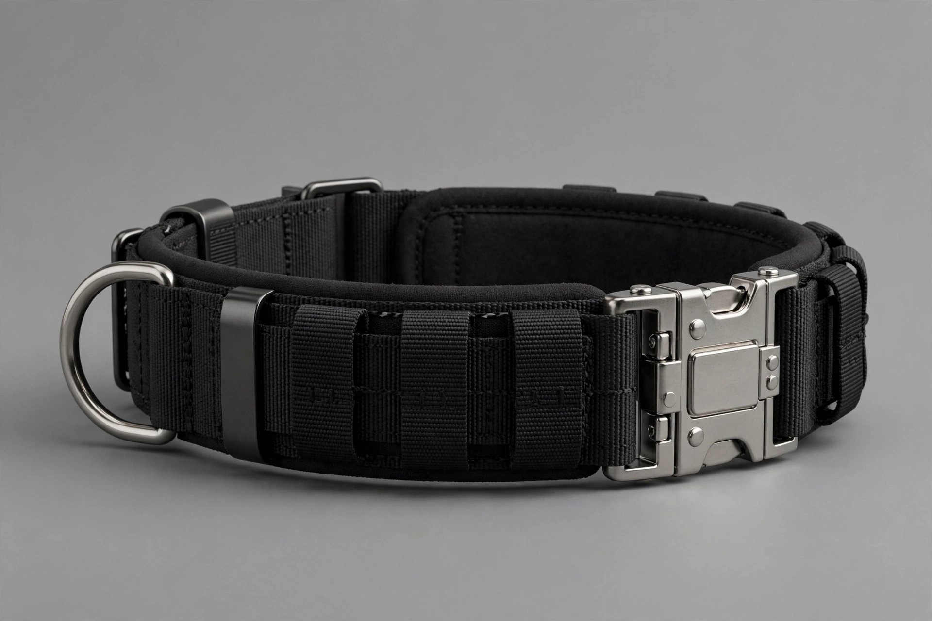 PawsPassion black heavy-duty tactical dog collar XL with metal buckle, editorial product photo