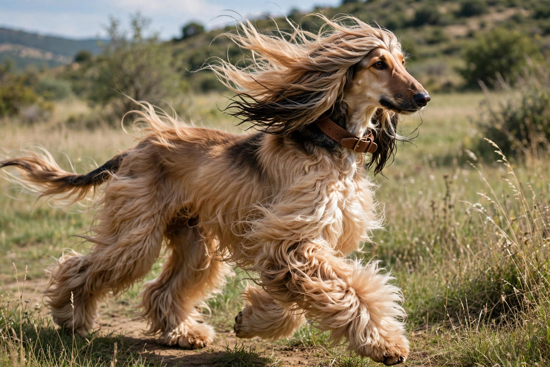 Long-haired Afghan Hound wearing a rolled leather collar, coat flowing freely