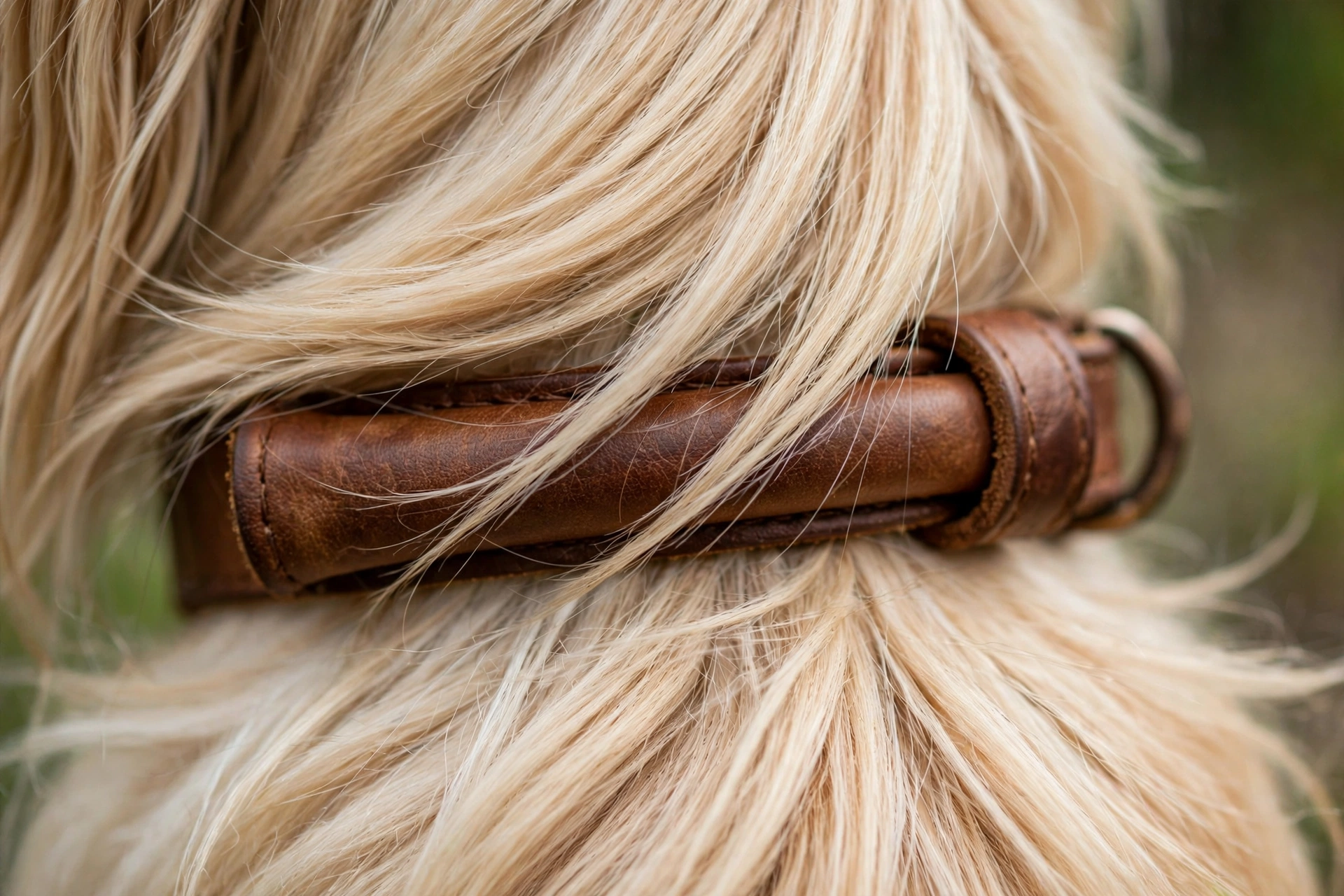 Close-up of a rolled leather collar parting a long silky coat without matting