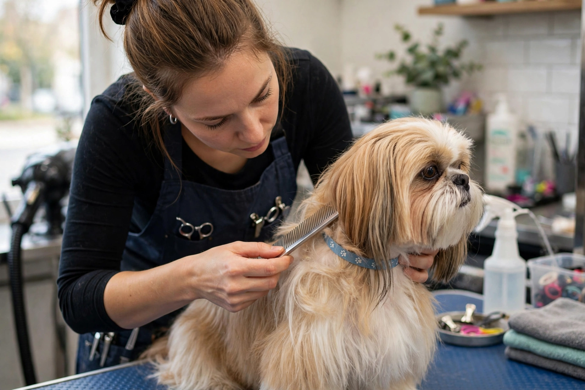Groomer brushing a long-haired Shih Tzu's neck and collar area with a steel comb
