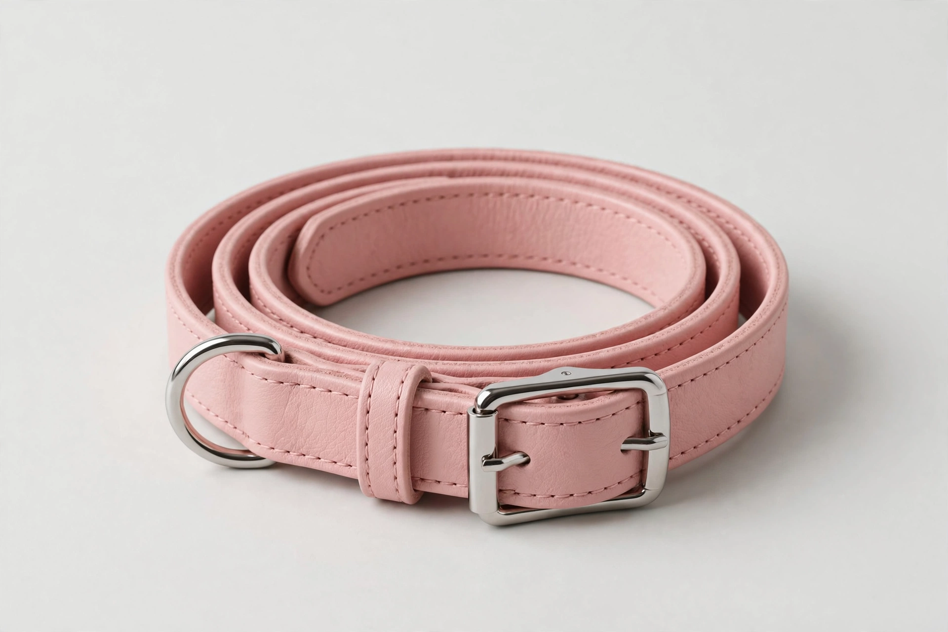 BRONZEDOG pink rolled leather dog collar with silver buckle, editorial product photo