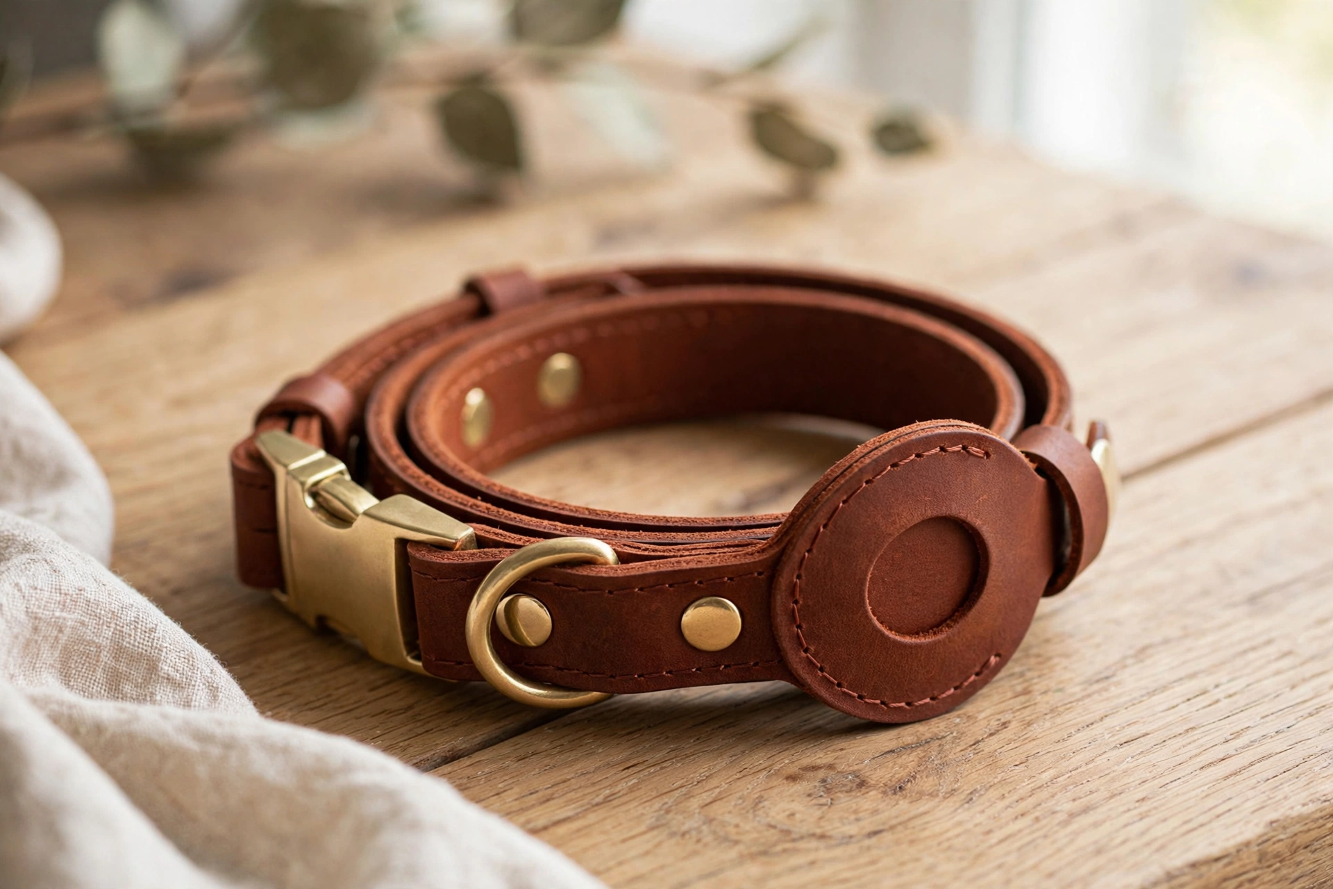 OOPSDOGGY brown rolled leather dog collar with AirTag holder slot, editorial product photo