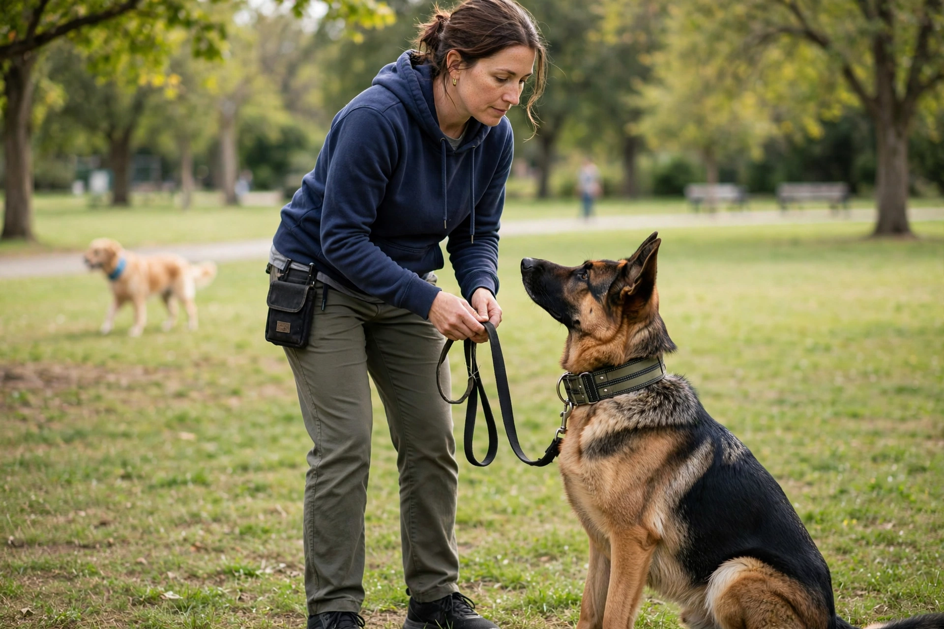 Owner calmly managing a reactive German Shepherd wearing a wide martingale collar at a distance from another dog in a park