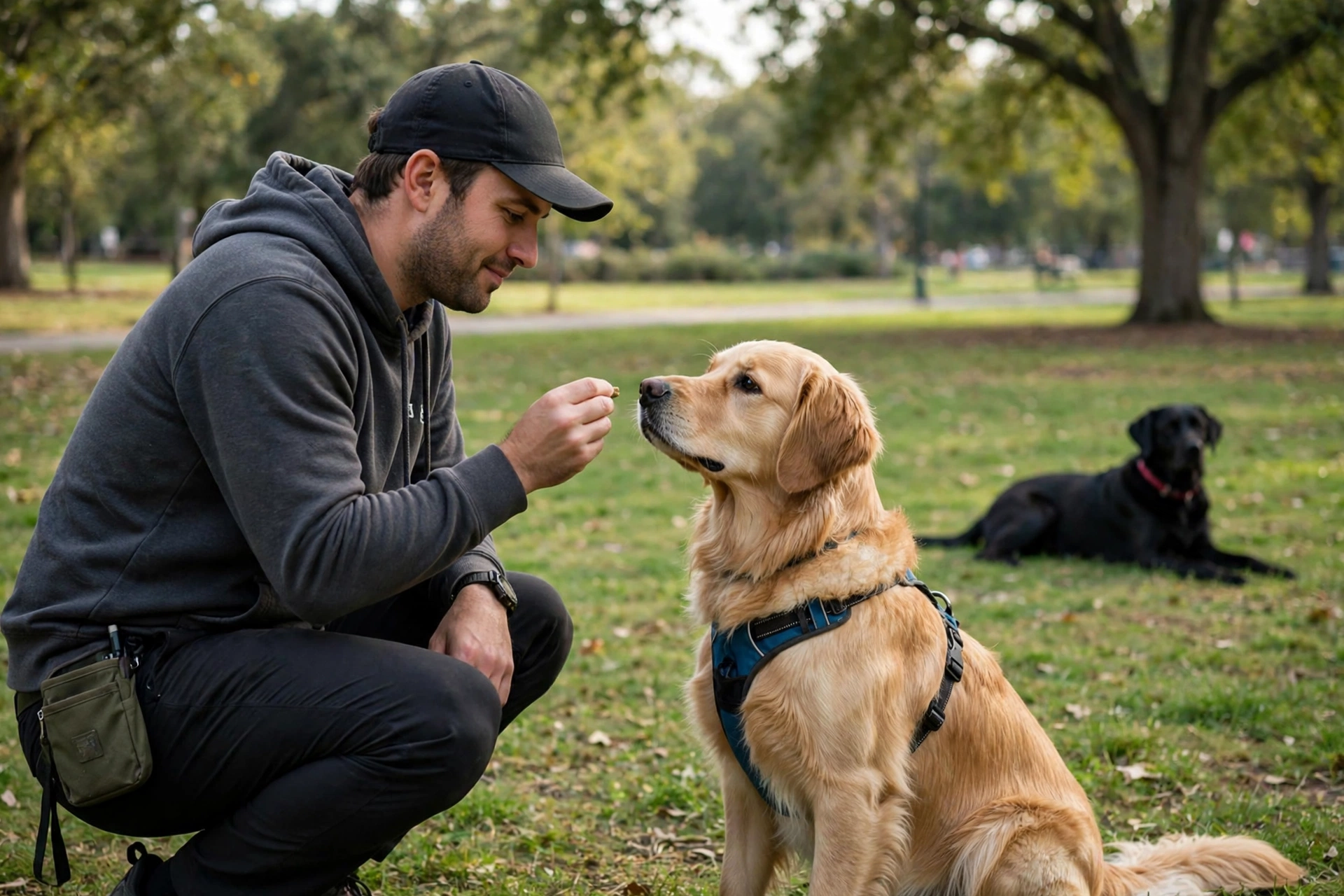Reactive dog training session with a trainer rewarding calm behavior at a distance from a trigger
