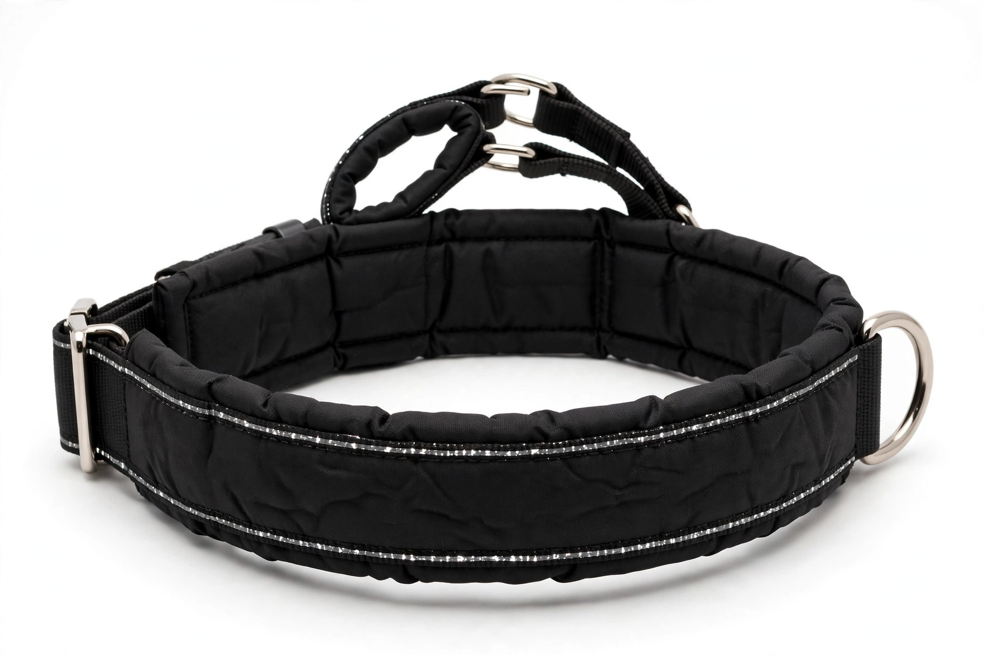 Mayerzon black 2-inch wide padded martingale dog collar with reflective stitching, editorial product photo