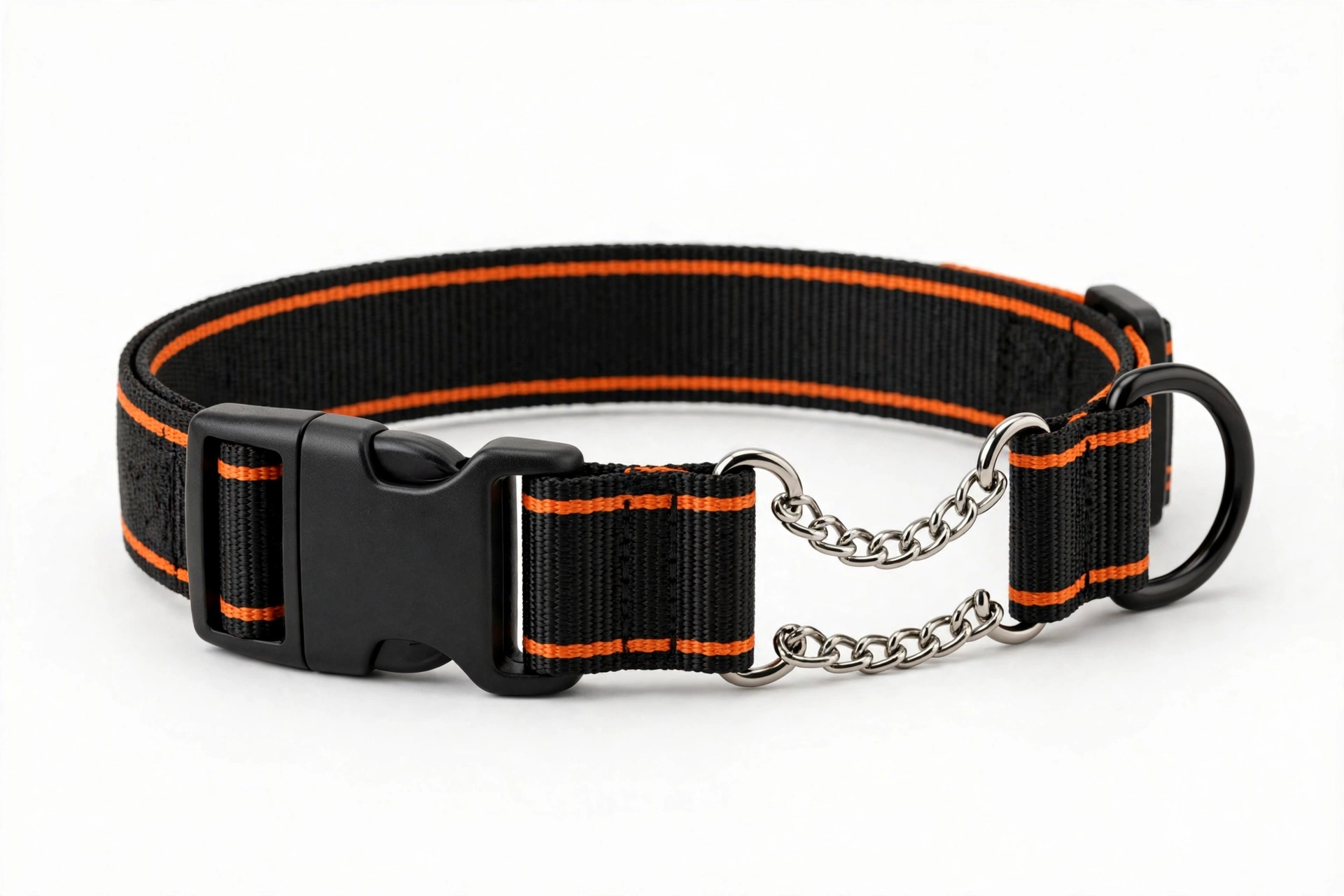 Mighty Paw martingale collar with buckle and limited cinch chain, editorial product photo