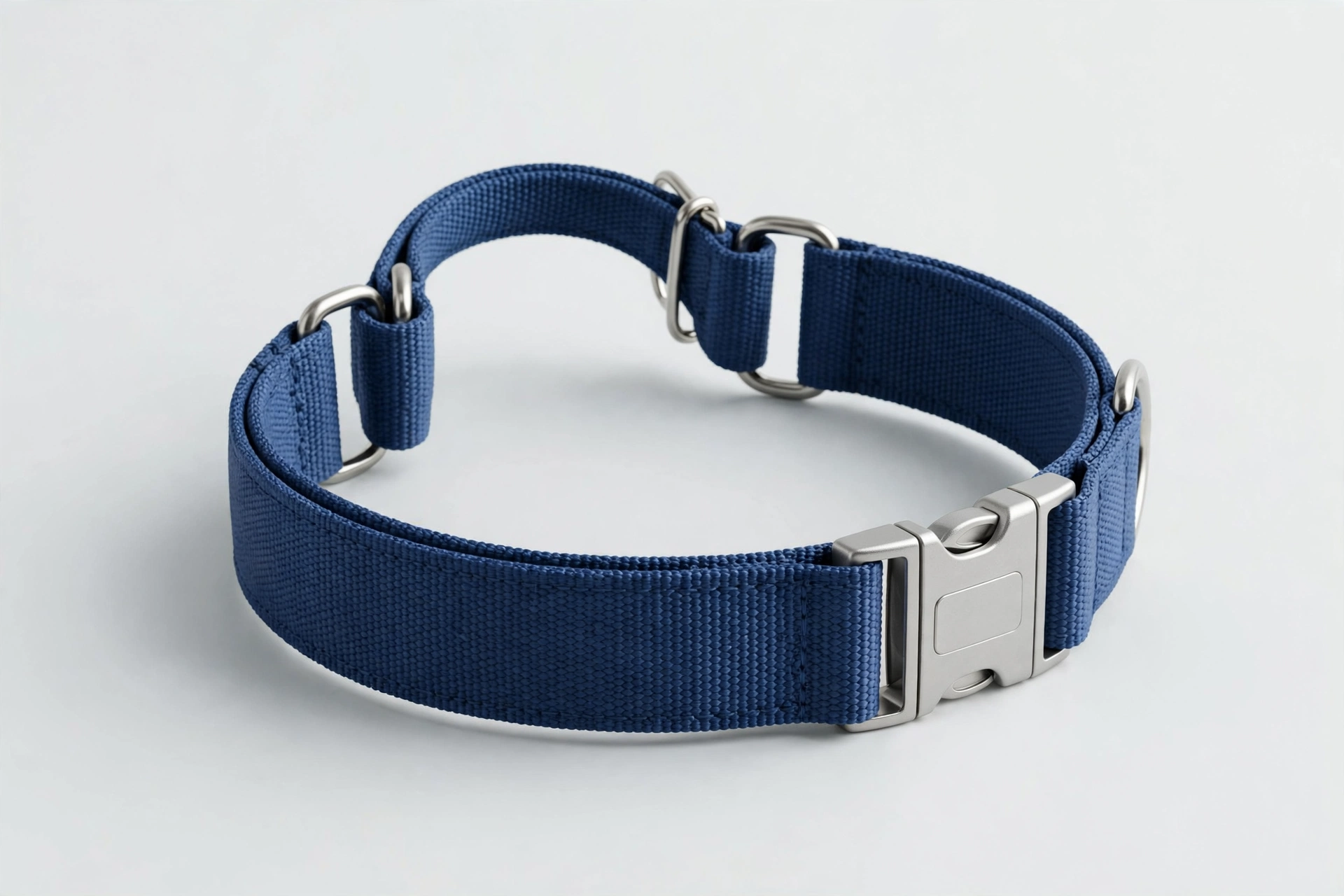 If It Barks wide blue martingale collar with quick snap buckle, editorial product photo