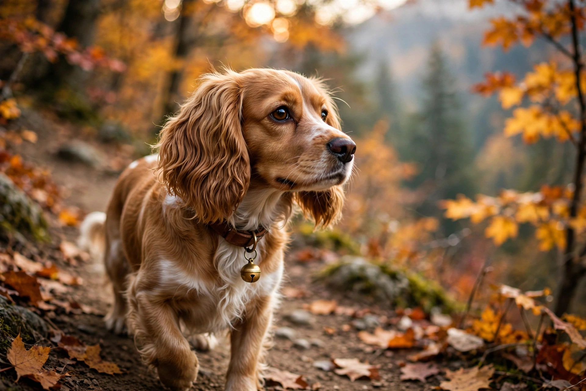 Dog hiking on a mountain trail wearing a collar with a bear bell