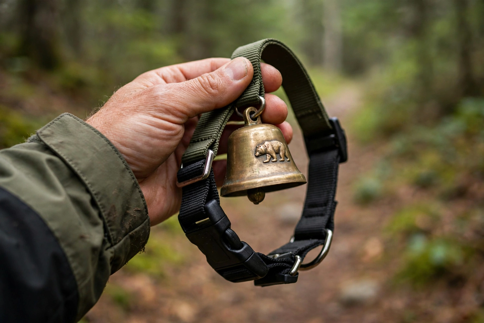 Close-up of a brass bear bell attached to a dog collar