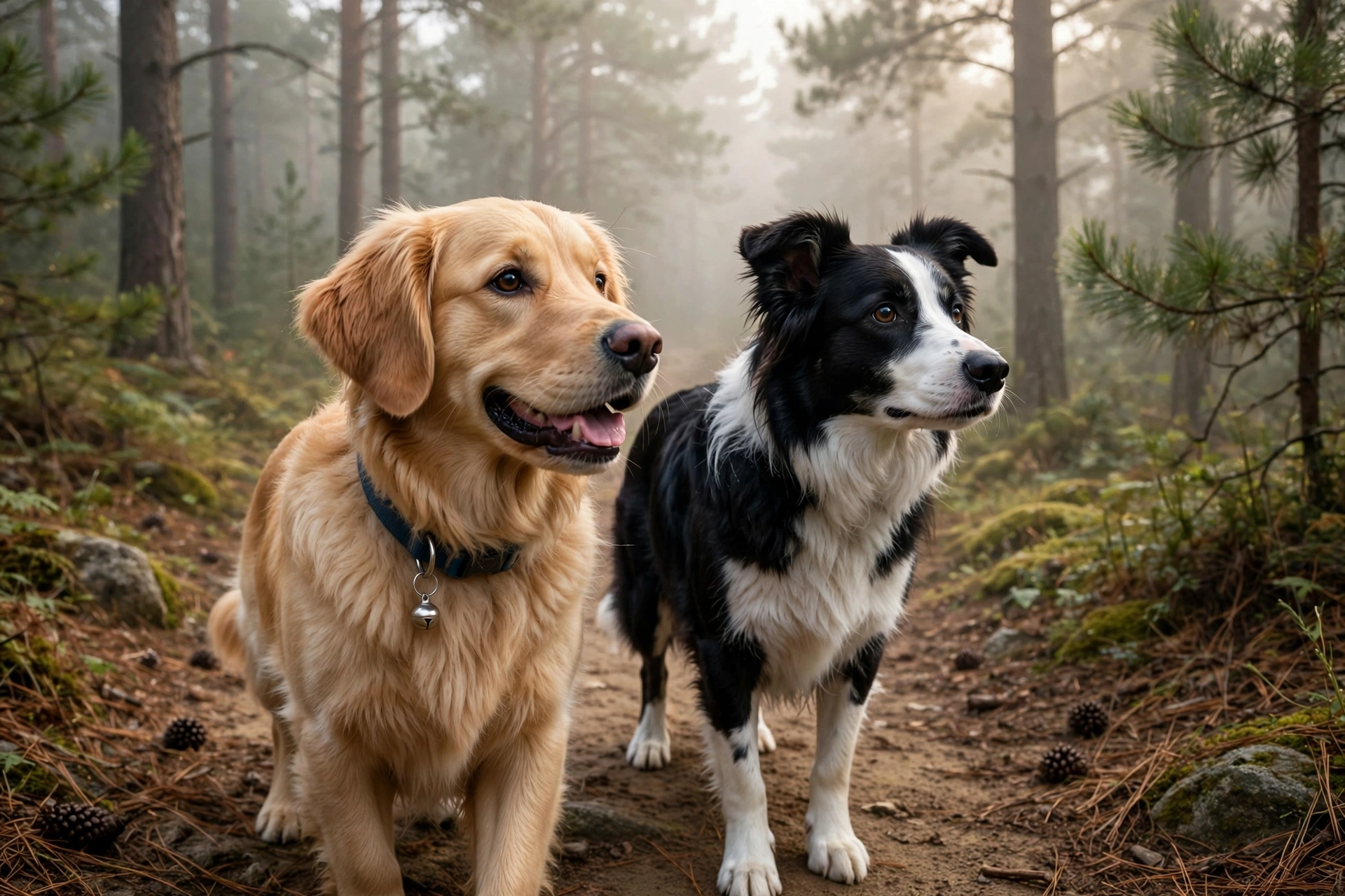 Two dogs with belled collars hiking through a forest trail