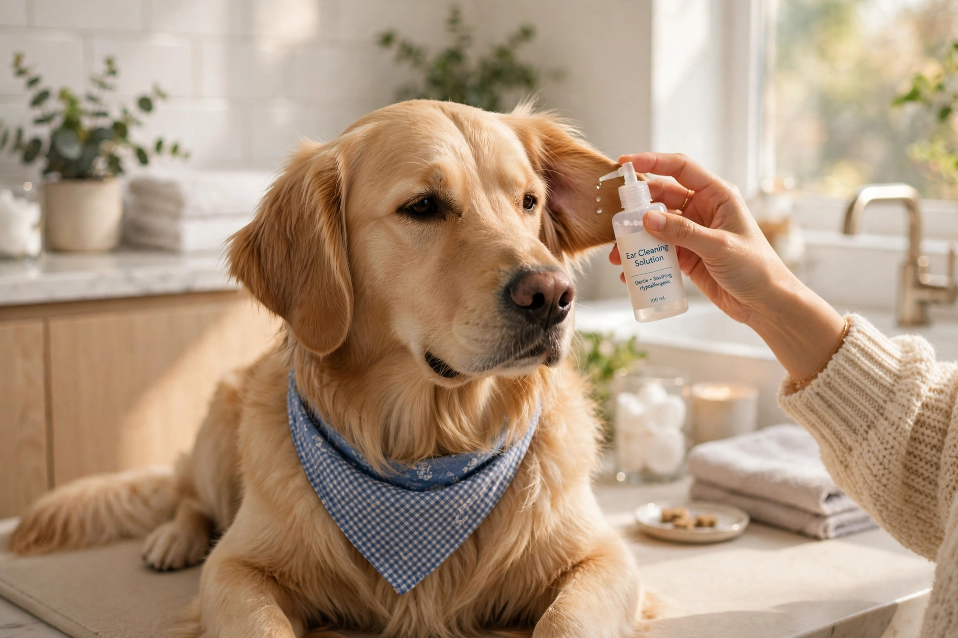 person cleaning a golden retriever's ear with a squeeze bottle in a bright bathroom