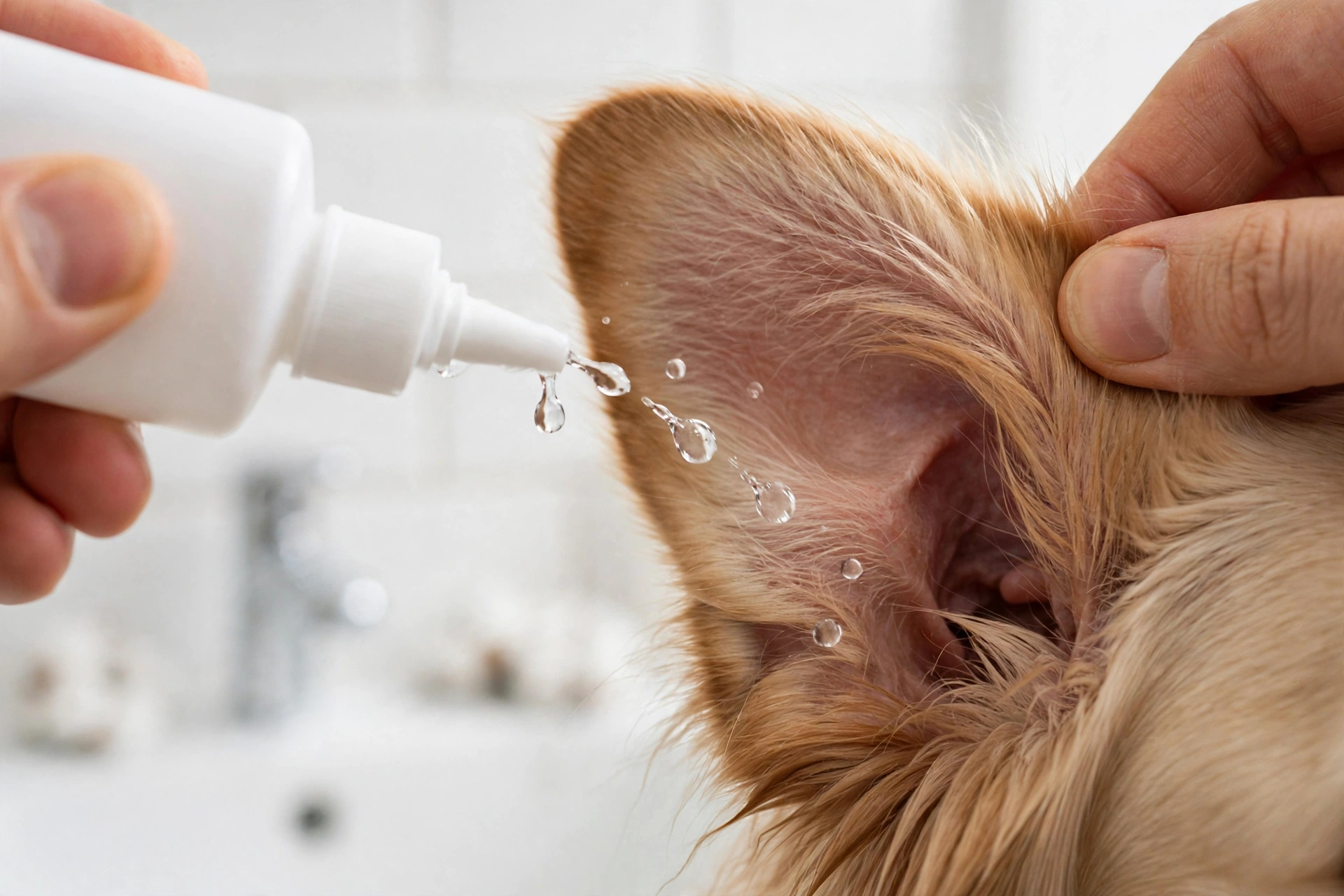 person wiping a beagle's ear with a cotton ball