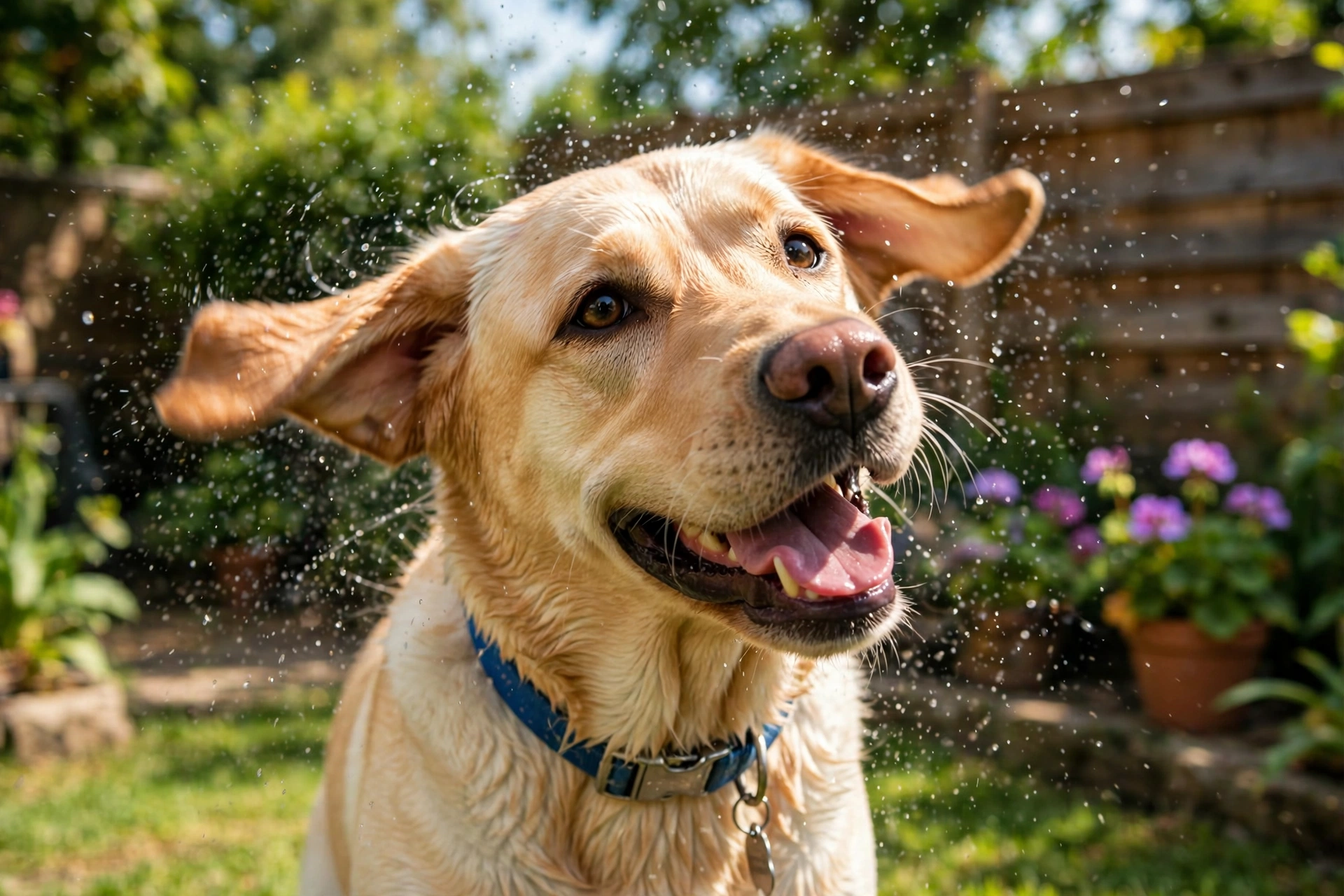 happy Labrador shaking its head with ears flapping in a sunny backyard