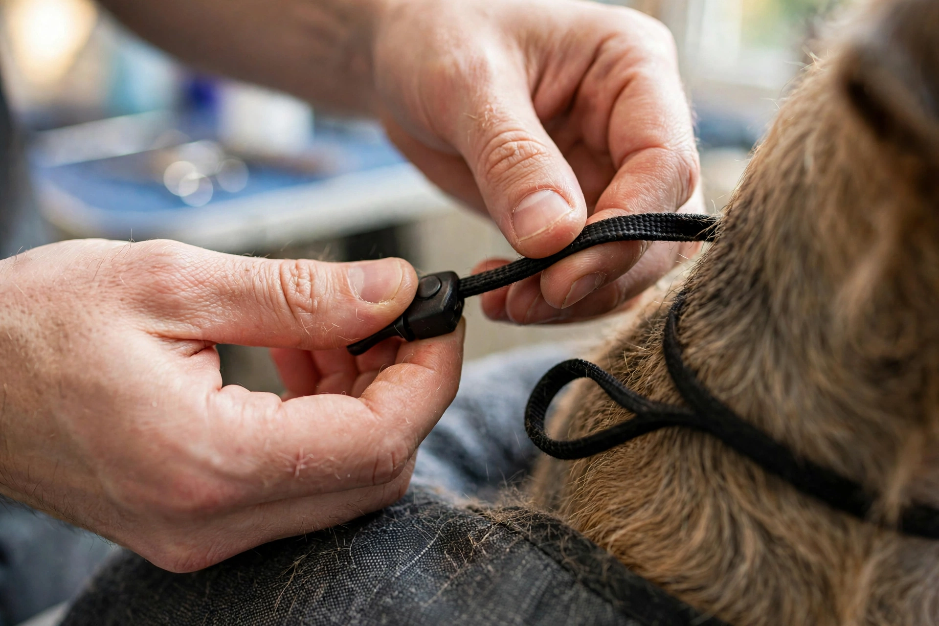 Groomer adjusting a grooming loop noose around a dog's neck with two-finger slack