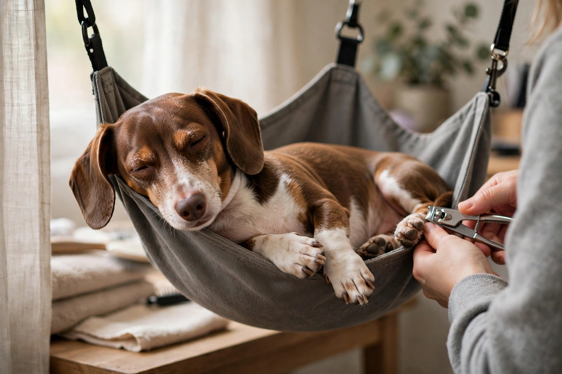 Small dog resting calmly in a grooming hammock during a nail trim