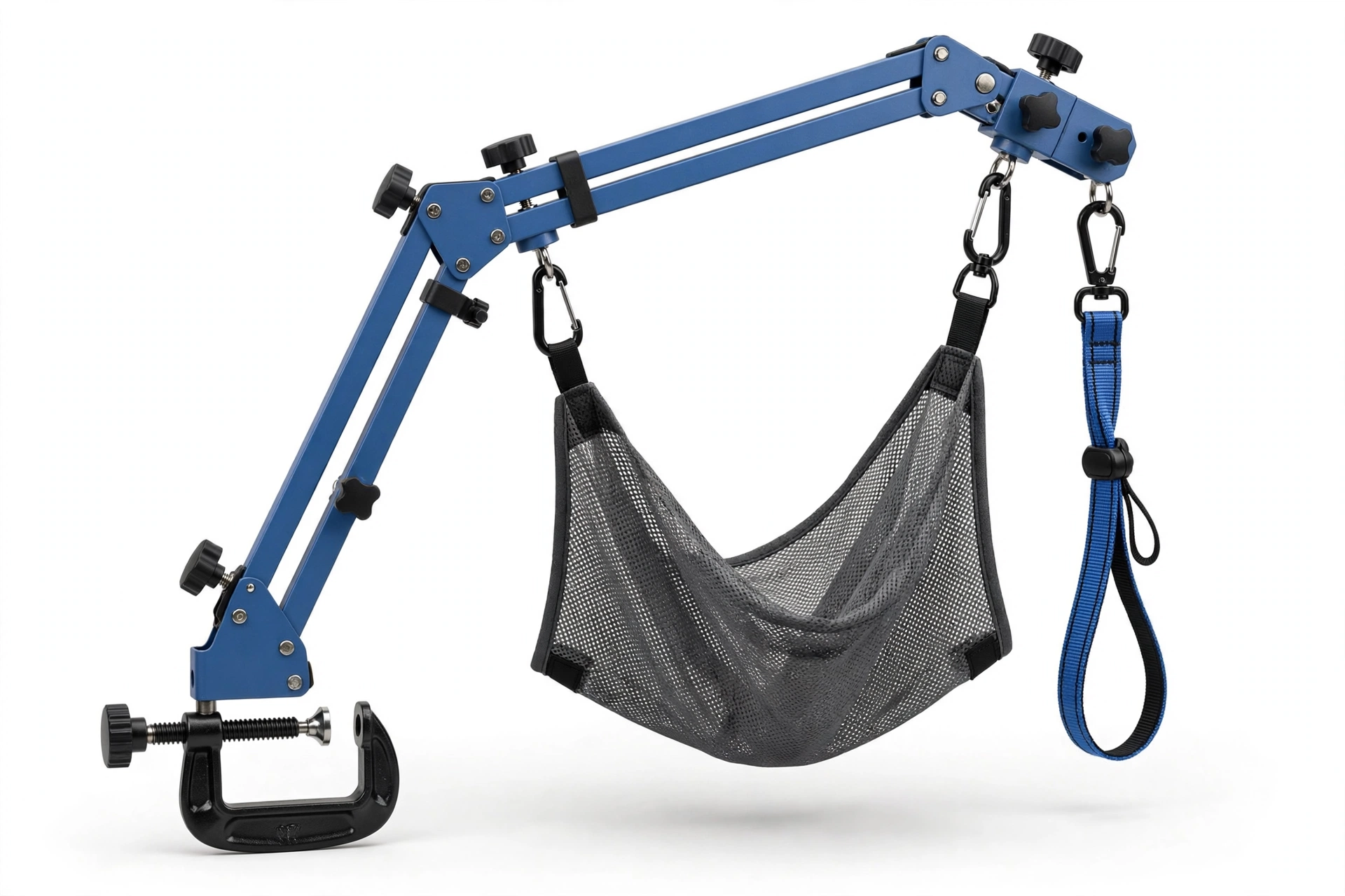 getlstub blue grooming arm with pet grooming hammock and loop noose, editorial product photo