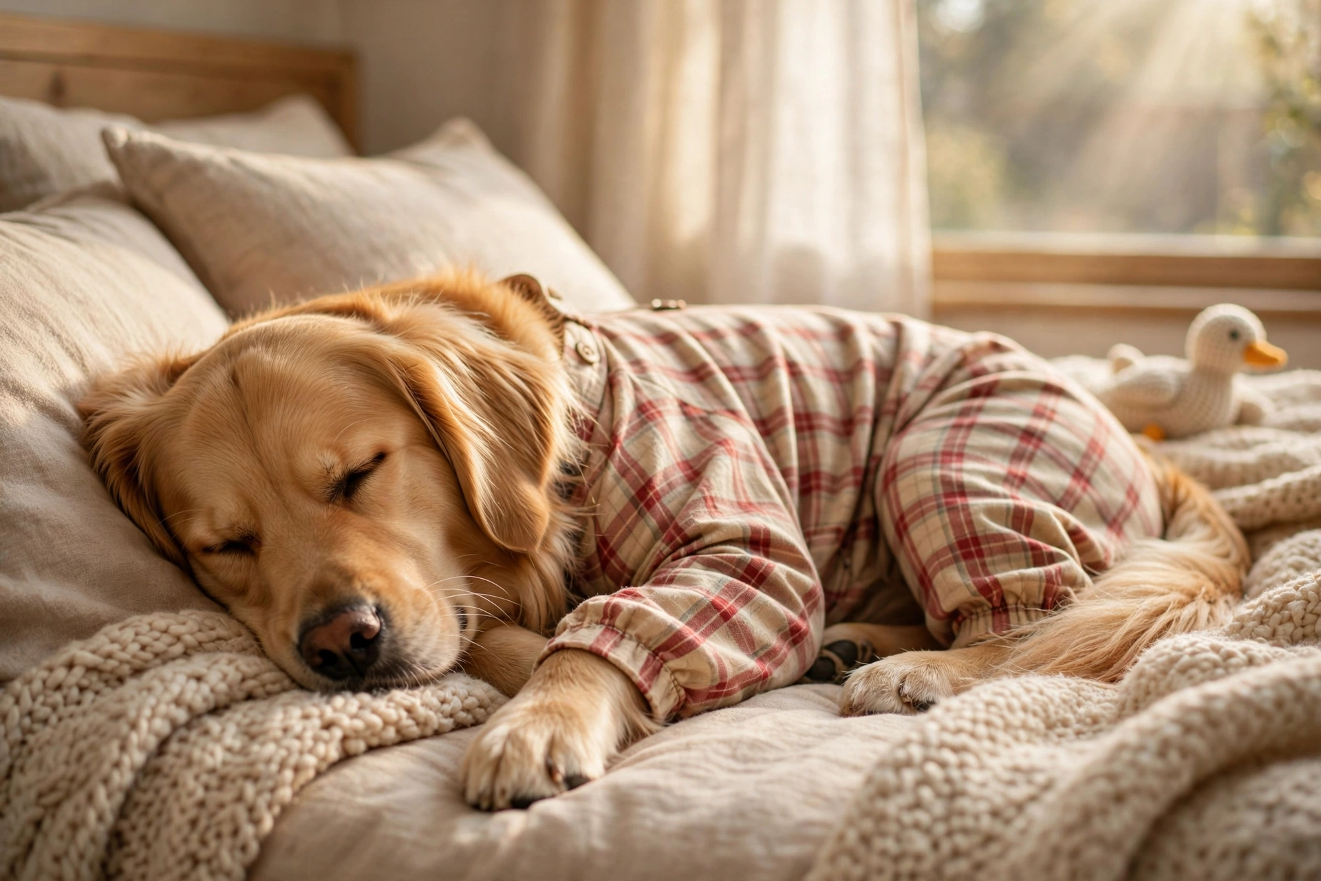 golden retriever asleep in cozy plaid dog pajamas