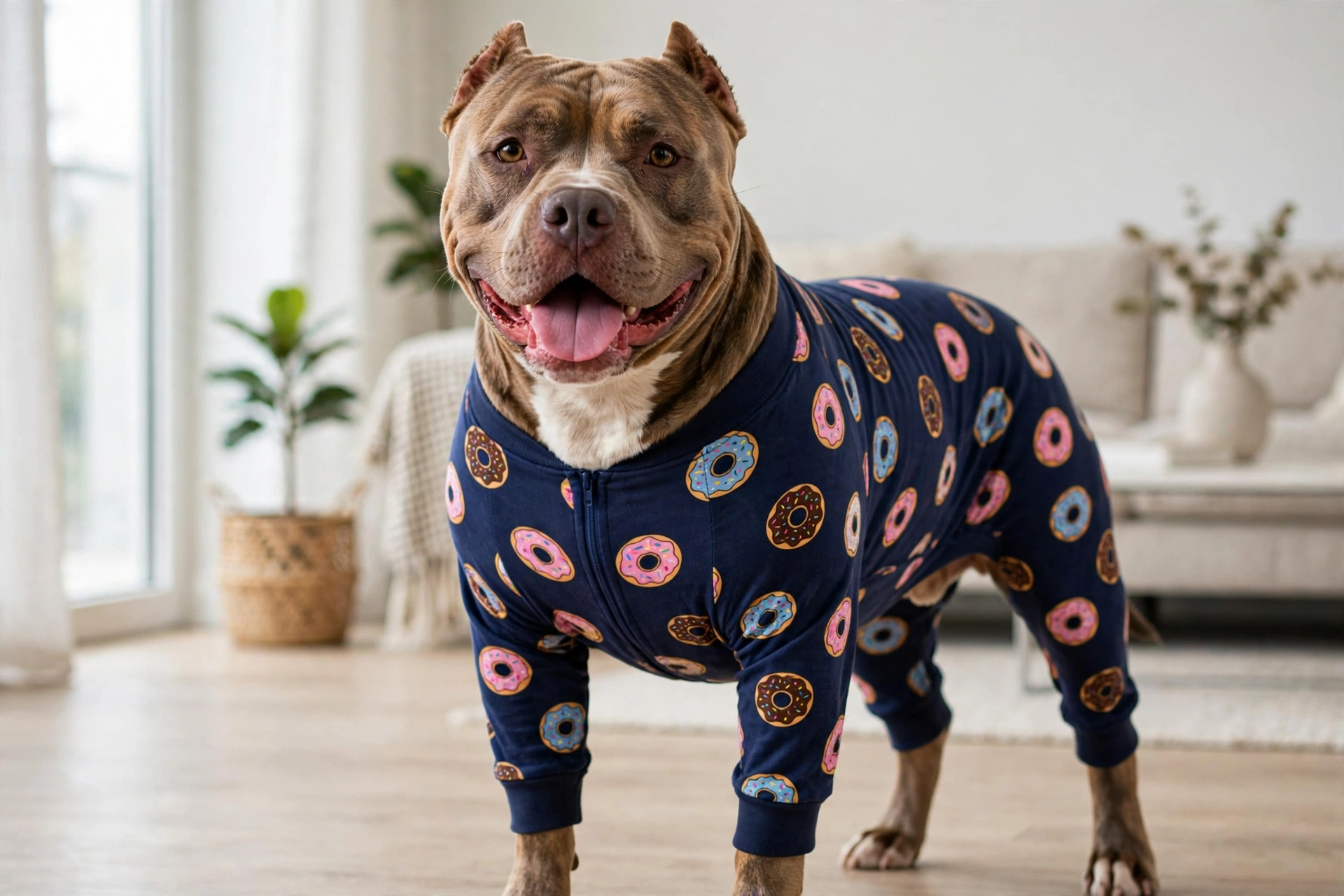 Pitbull in a full-body donut-print pajama onesie