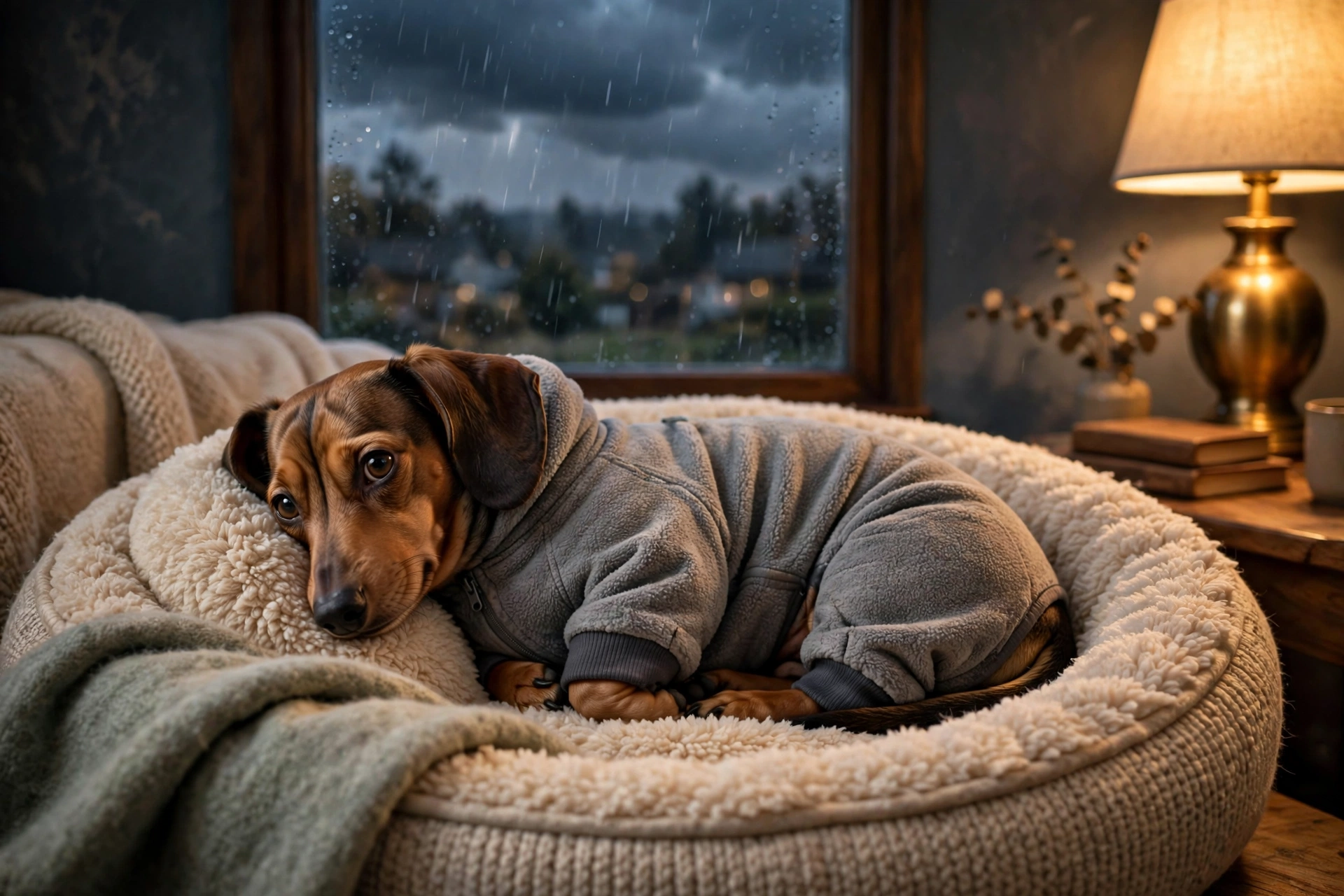 Dachshund in snug fleece pajamas resting in a dog bed at dusk