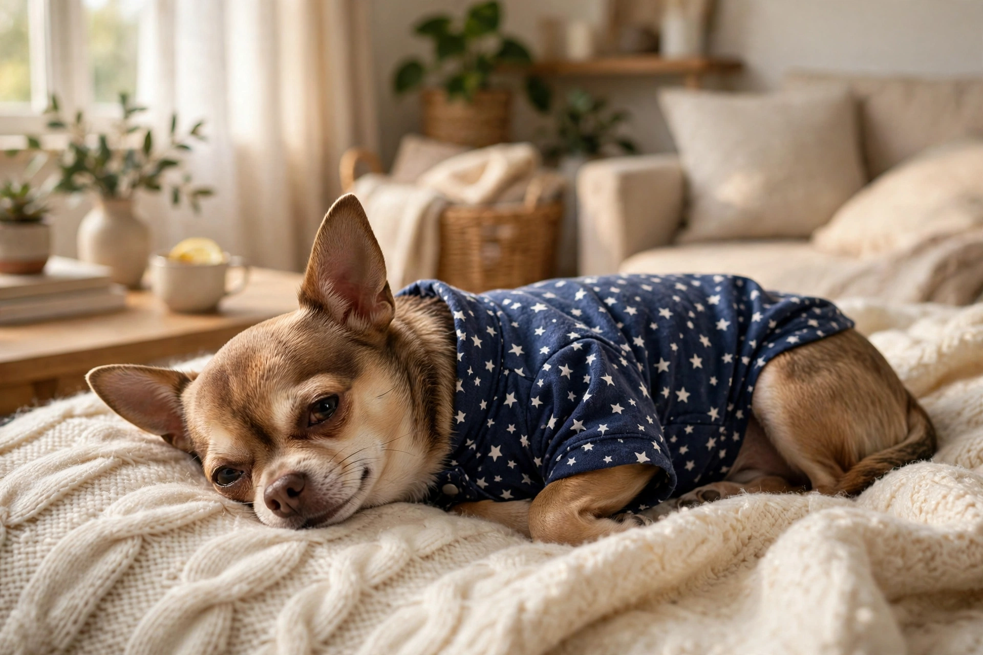 Chihuahua in star-print cotton pajamas on a cozy blanket