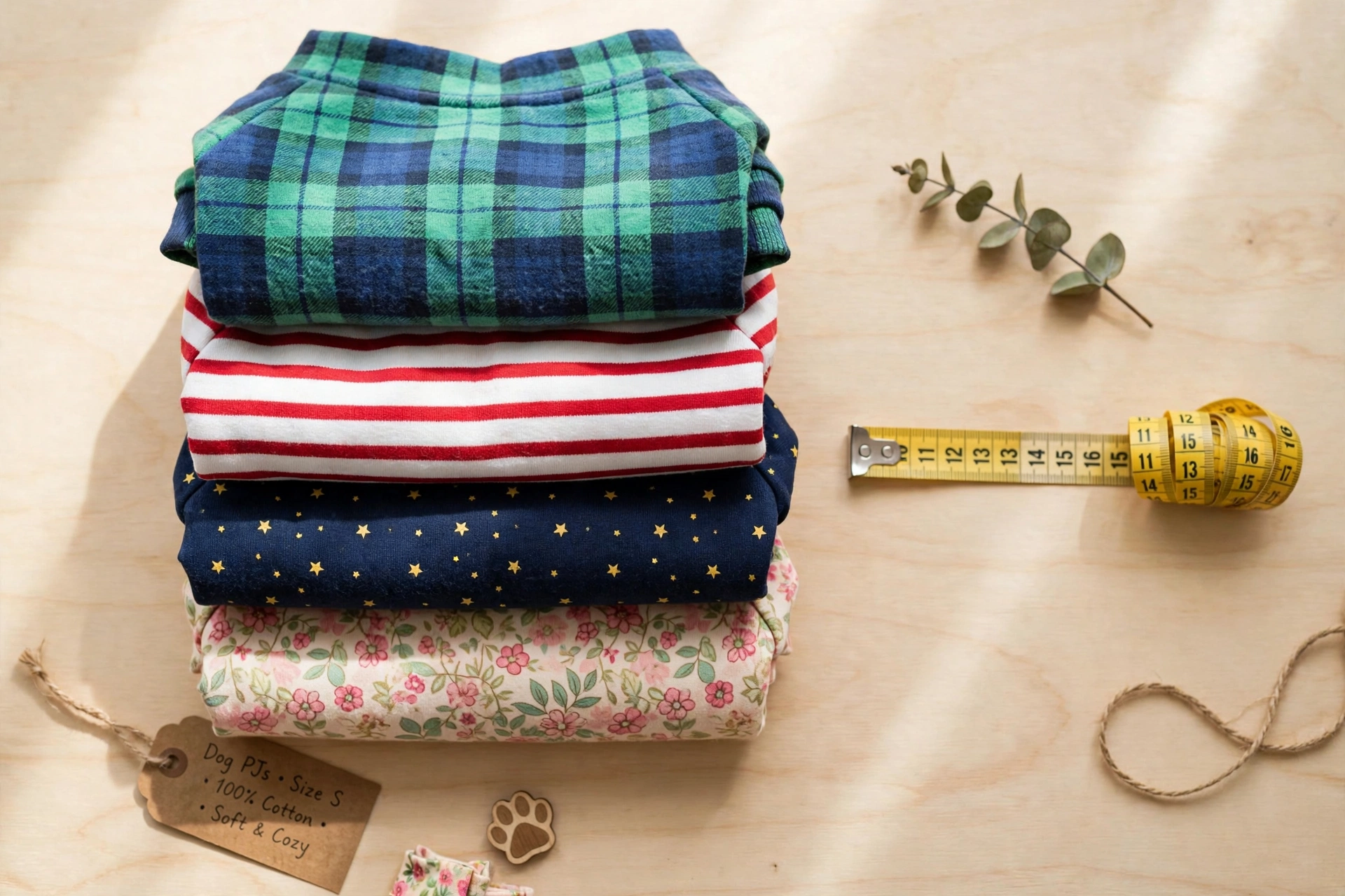 Flat-lay of colorful folded dog pajamas with a measuring tape