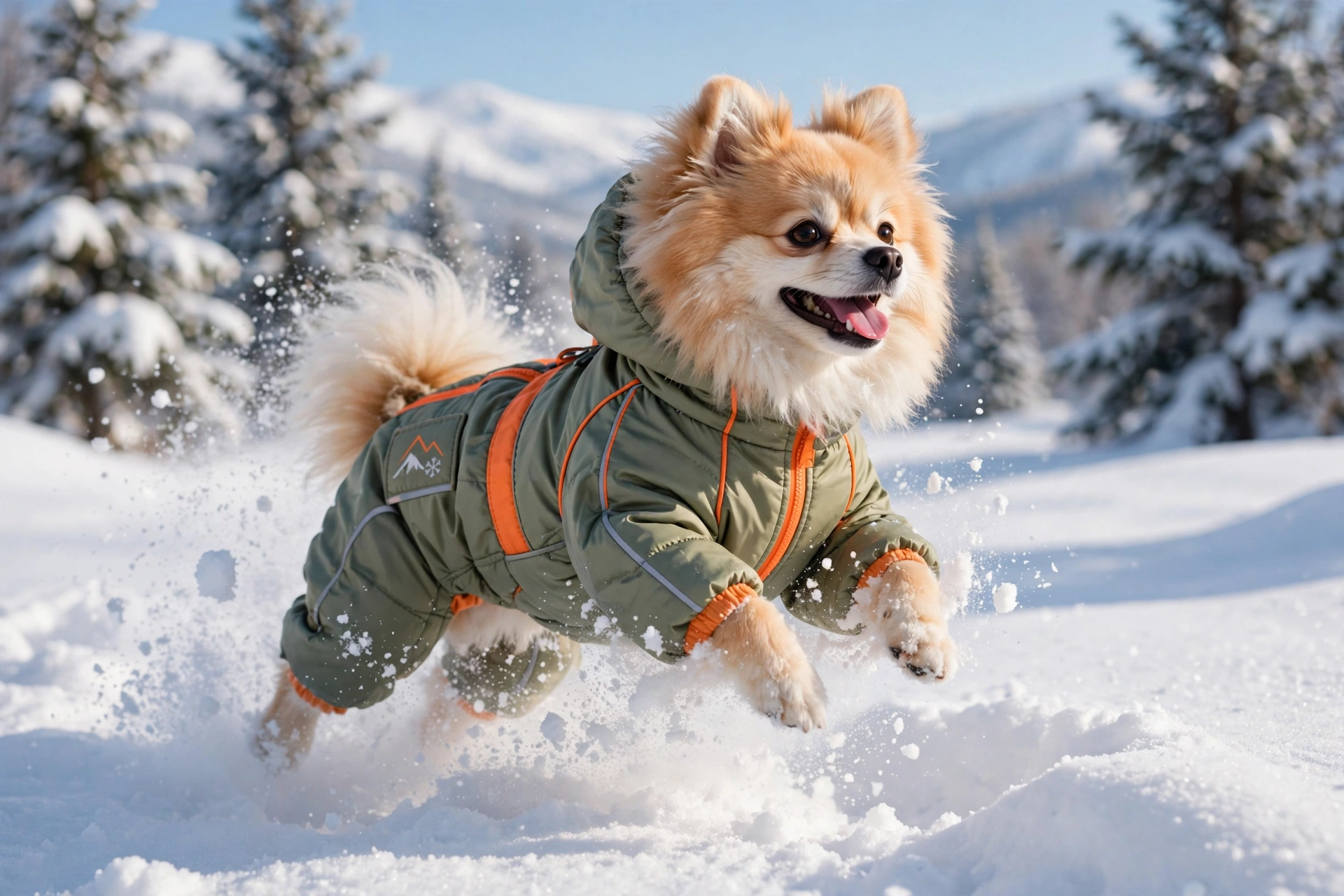 small dog in a full-body winter snowsuit bounding through deep fresh snow