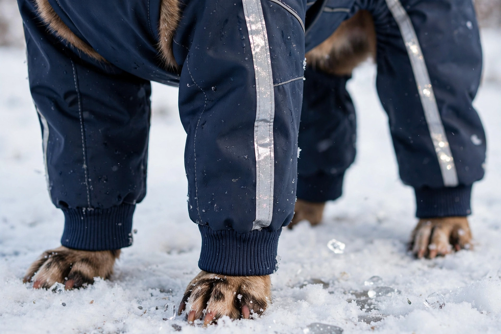 Close-up detail of a snowsuit's elastic leg cuff and reflective leg stripe on a dog's leg in snow
