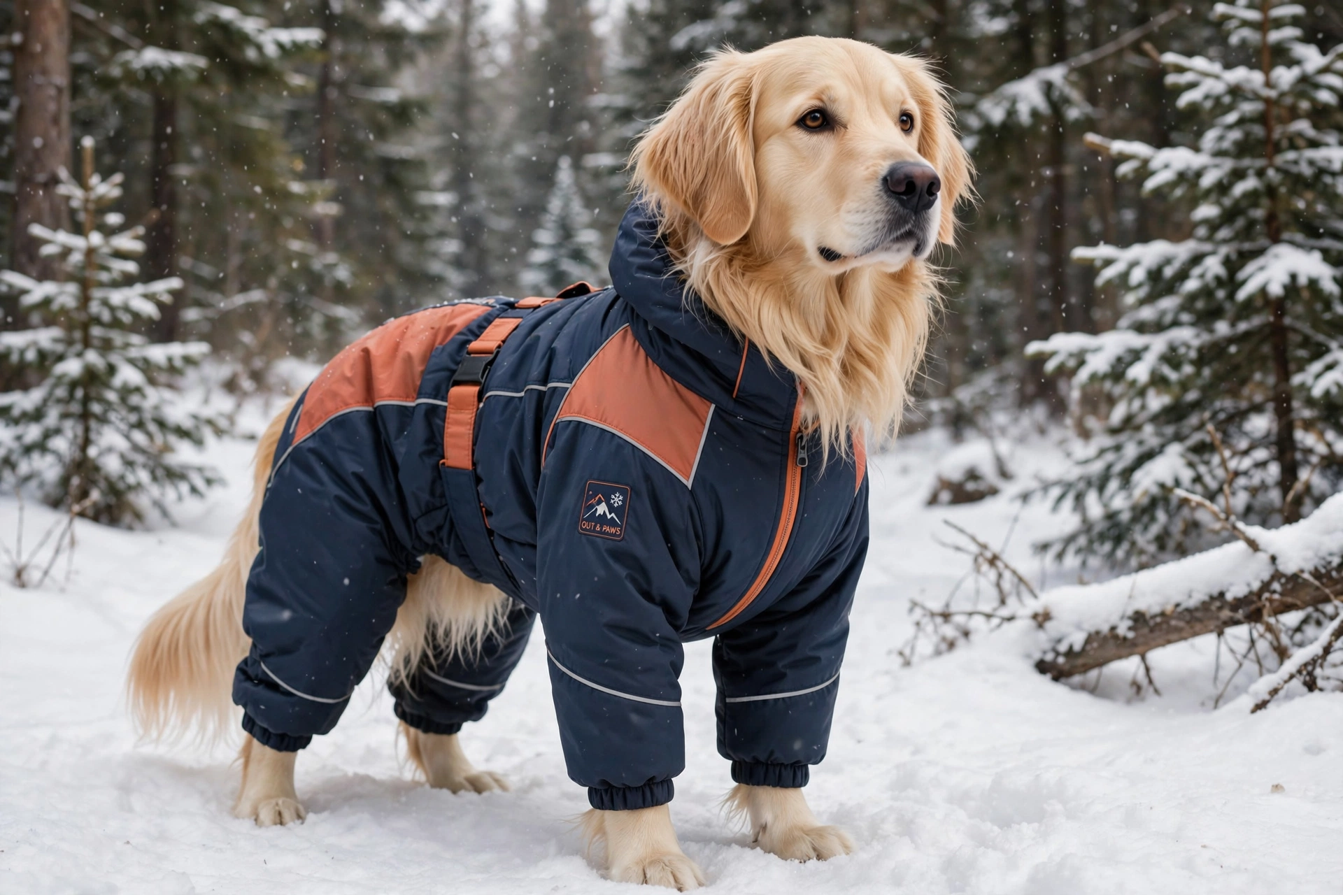 Long-haired golden retriever in a full-body snowsuit standing in snow with clean, snowball-free fur