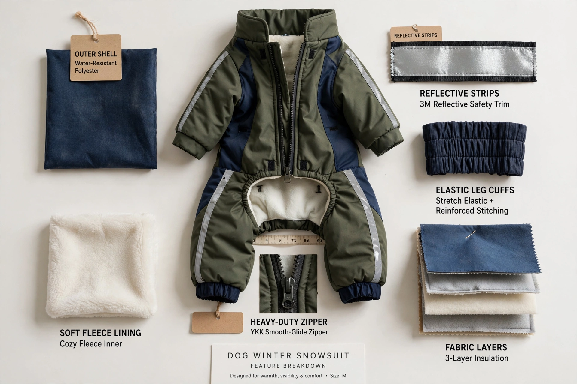 Flat-lay comparison of dog snowsuit features — zippers, cuffs, reflective strips, and fabric layers
