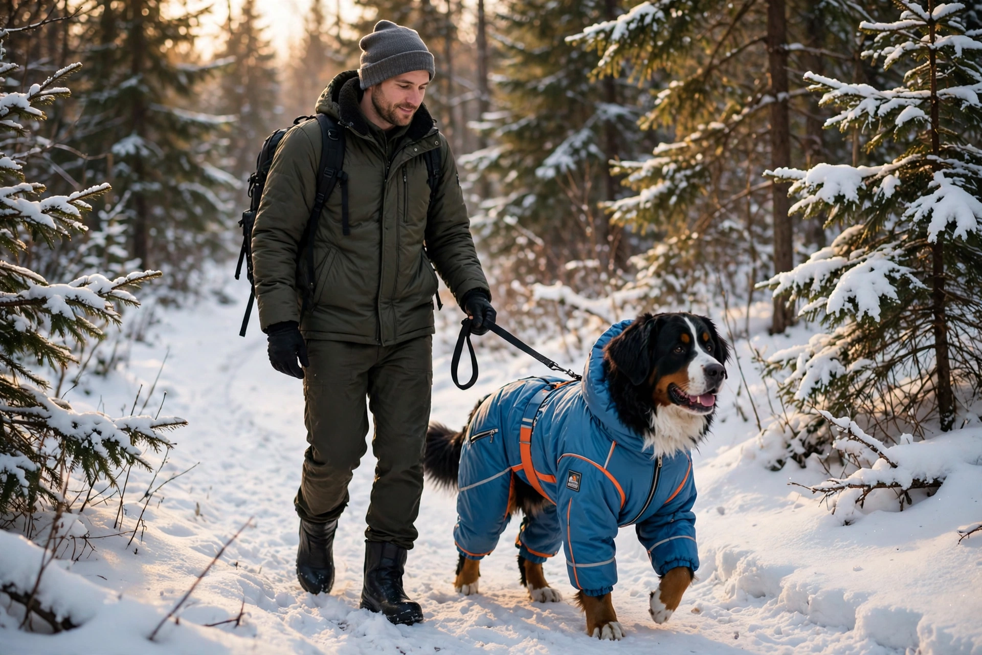 Owner measuring a dog's back length with a soft tape measure in preparation for sizing a snowsuit