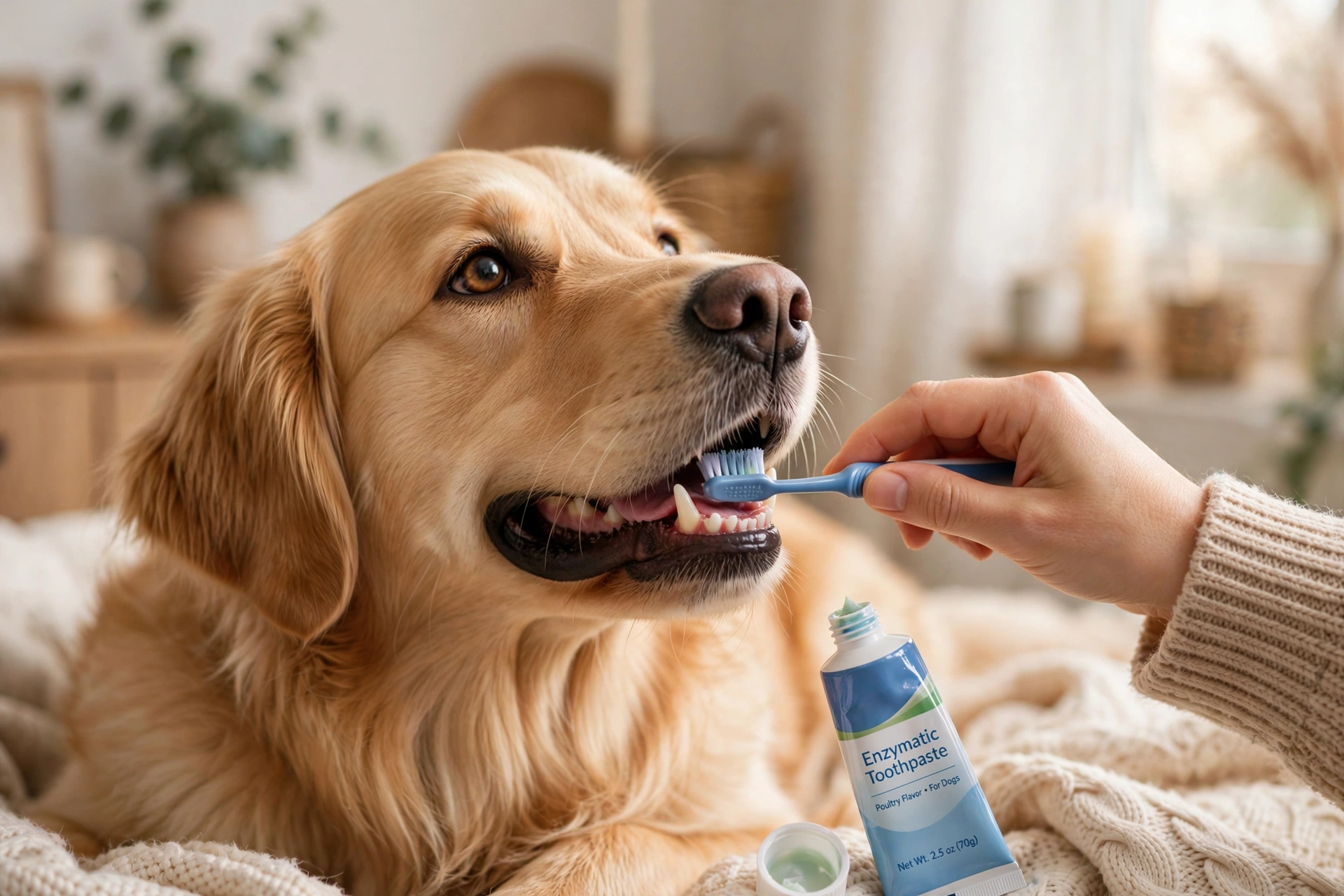 Happy dog having teeth brushed with enzymatic toothpaste, lifestyle photo