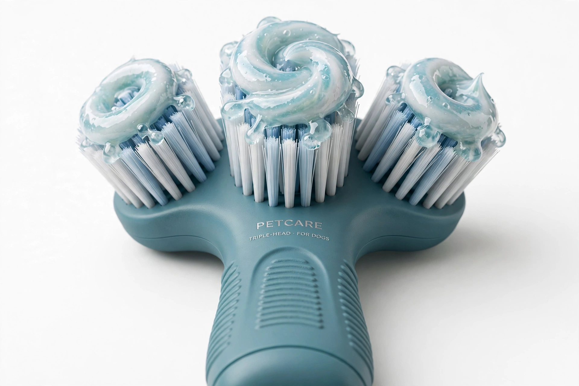 Close-up of triple-head dog toothbrush with enzymatic gel on bristles